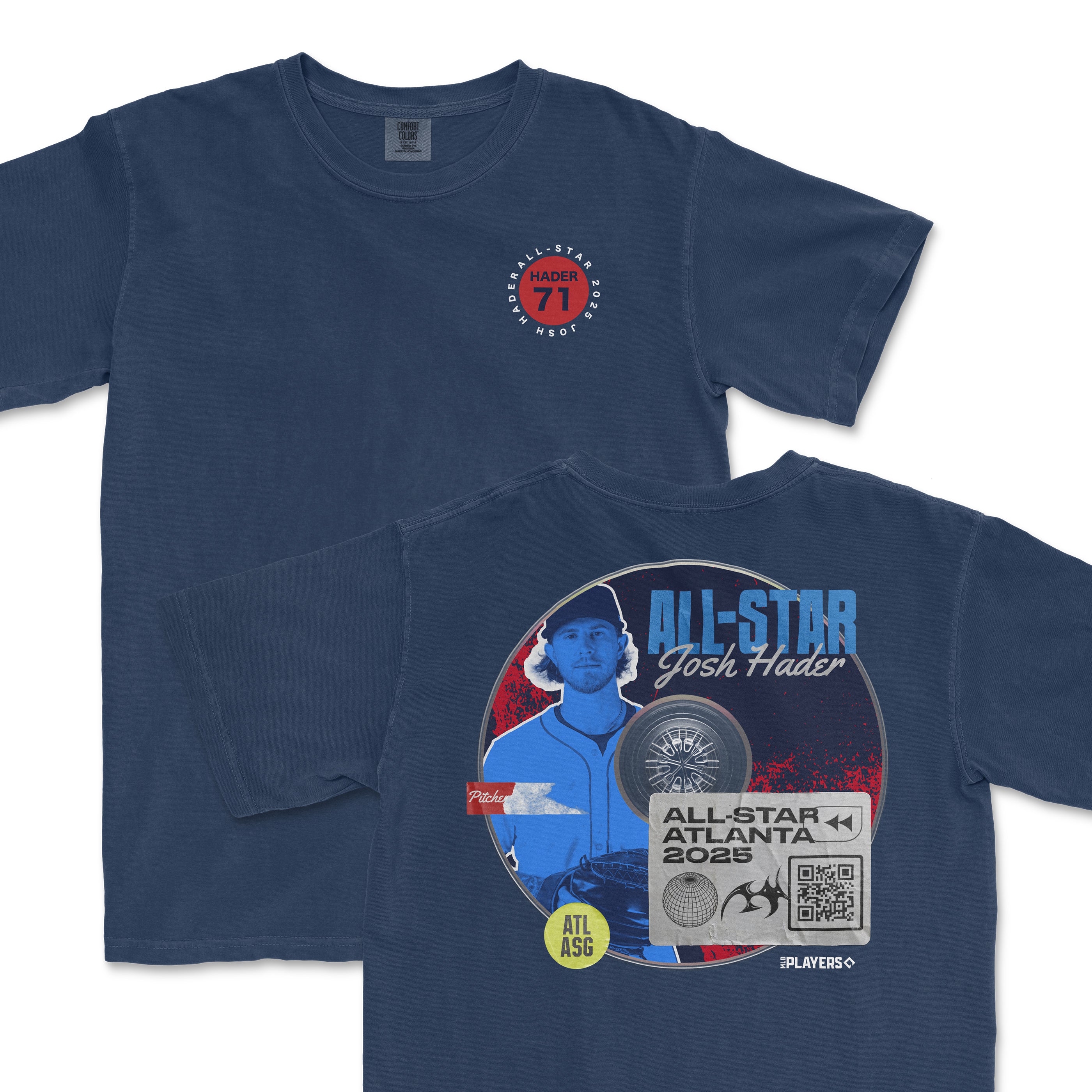 Navy t-shirt featuring Josh Hader's All-Star 2025 graphic, showcasing his name, number, and event details on the back.