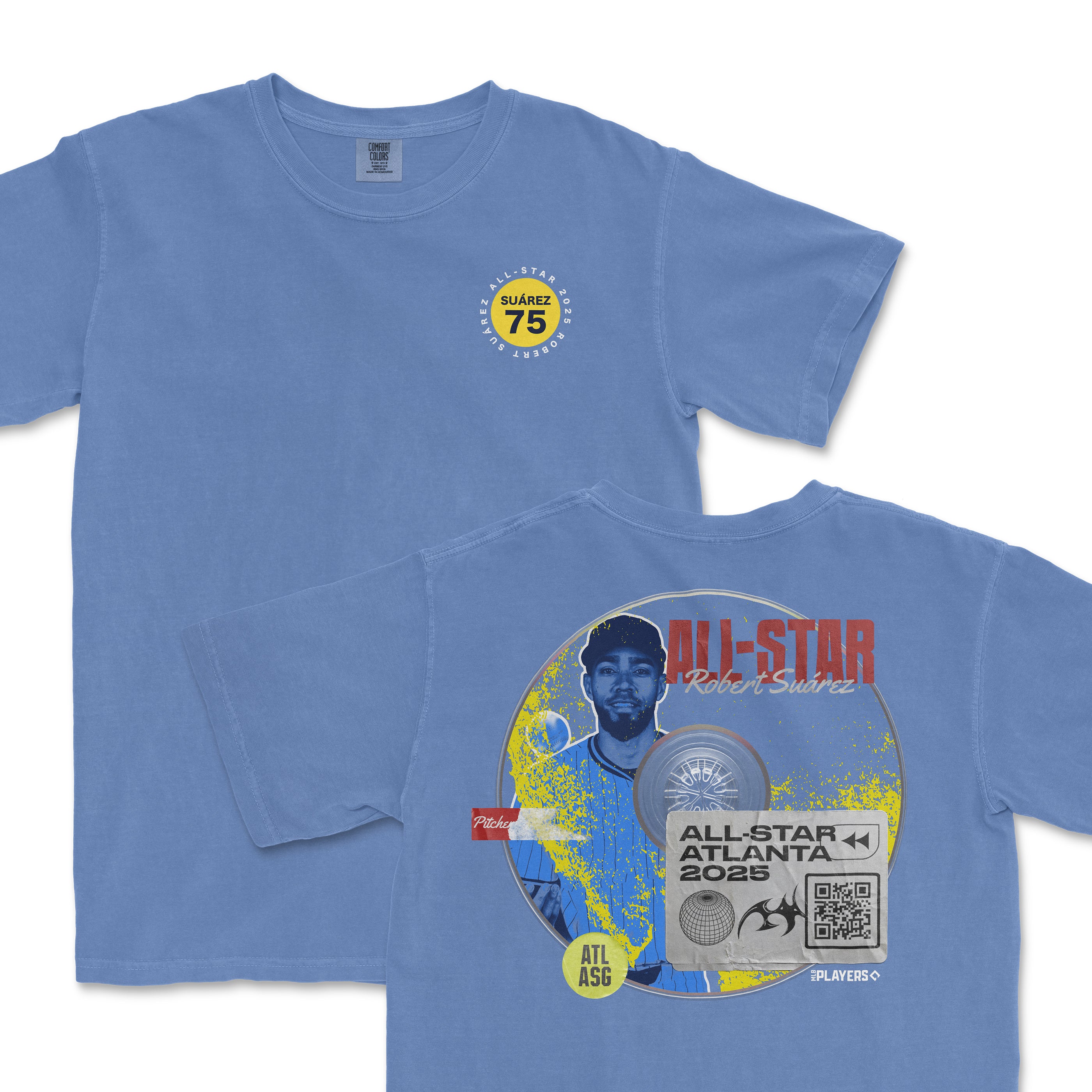 Light blue t-shirt featuring Robert Suárez's name and All-Star 2025 graphic on the back, celebrating the Atlanta event.