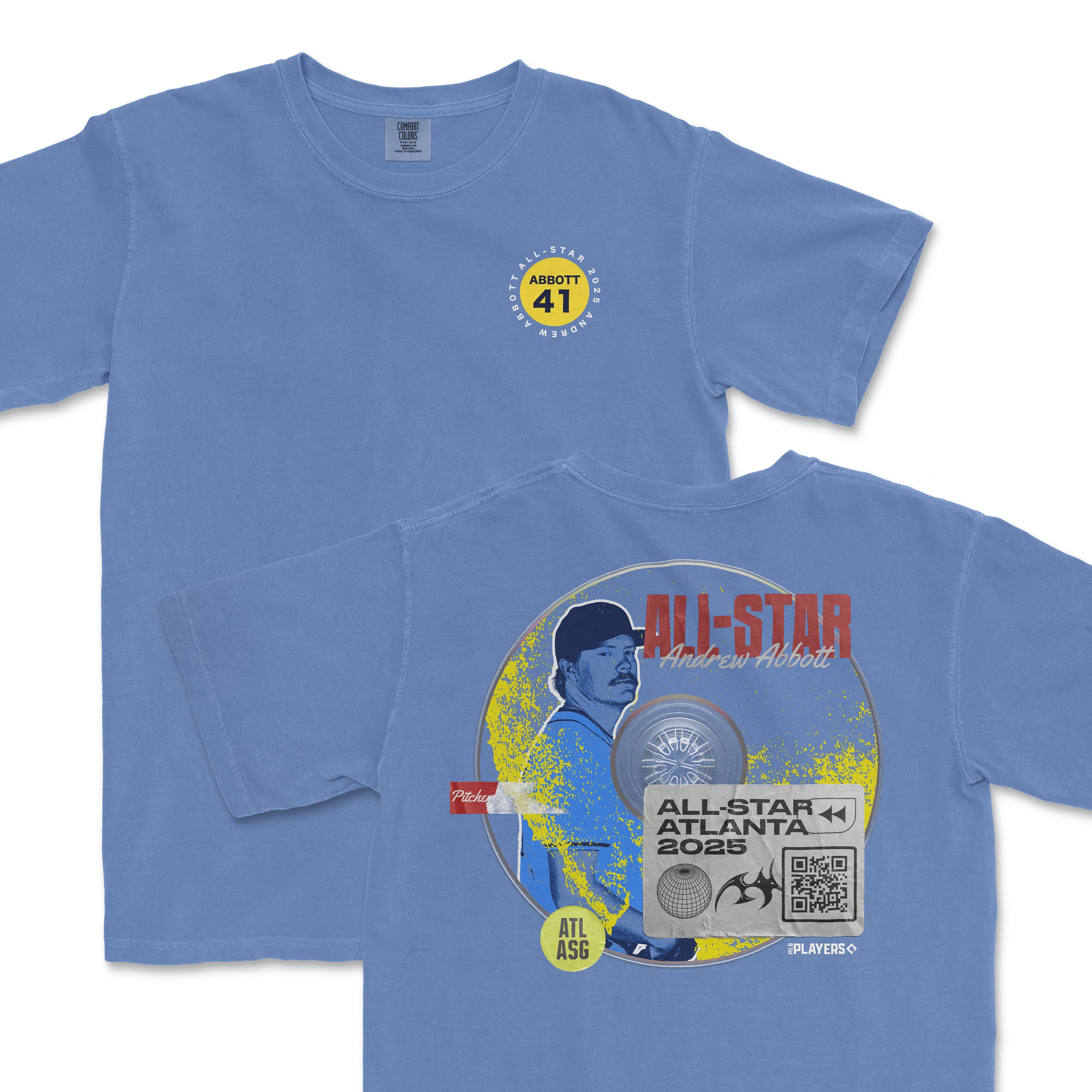 Light blue t-shirt featuring Andrew Abbott's All-Star 2025 graphic on the back and a logo on the front.
