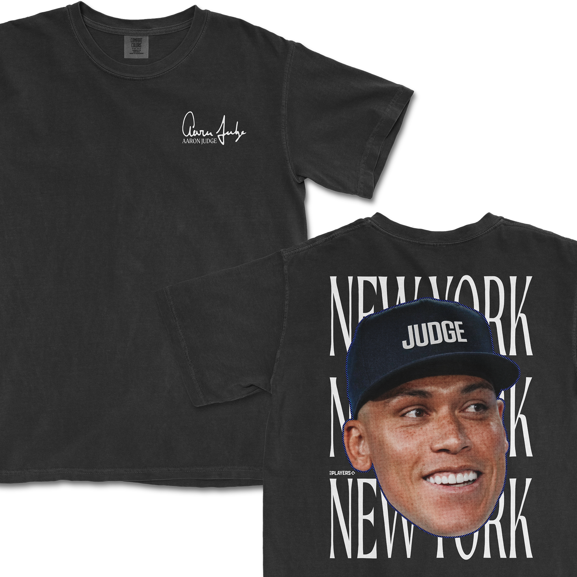 Aaron Judge Head in the Game Series alternate t-shirt featuring a large graphic of Judge's face and "NEW YORK" text.