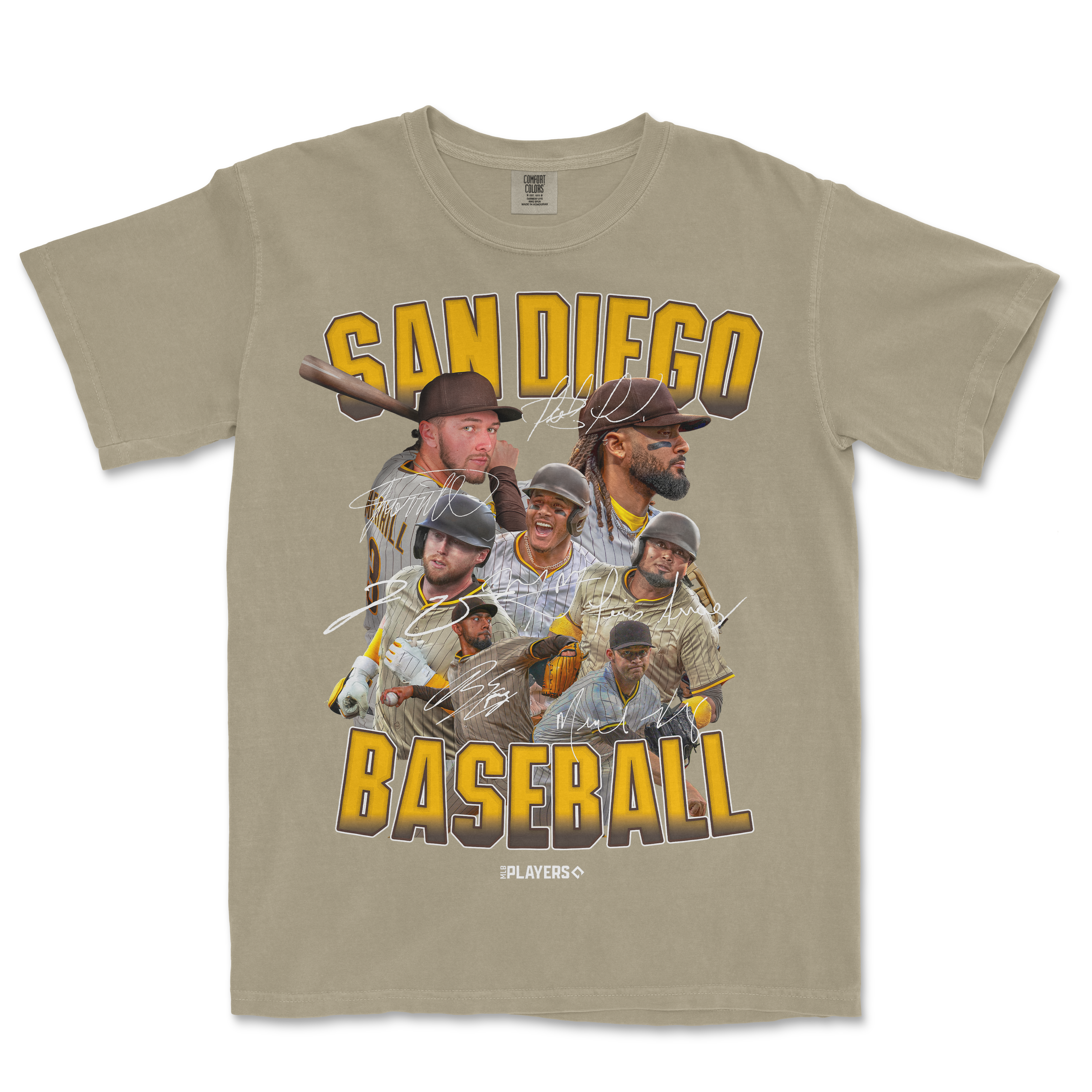 T-shirt featuring the SD Signature Series with images of baseball players, "San Diego Baseball" text, and autographed signatures.