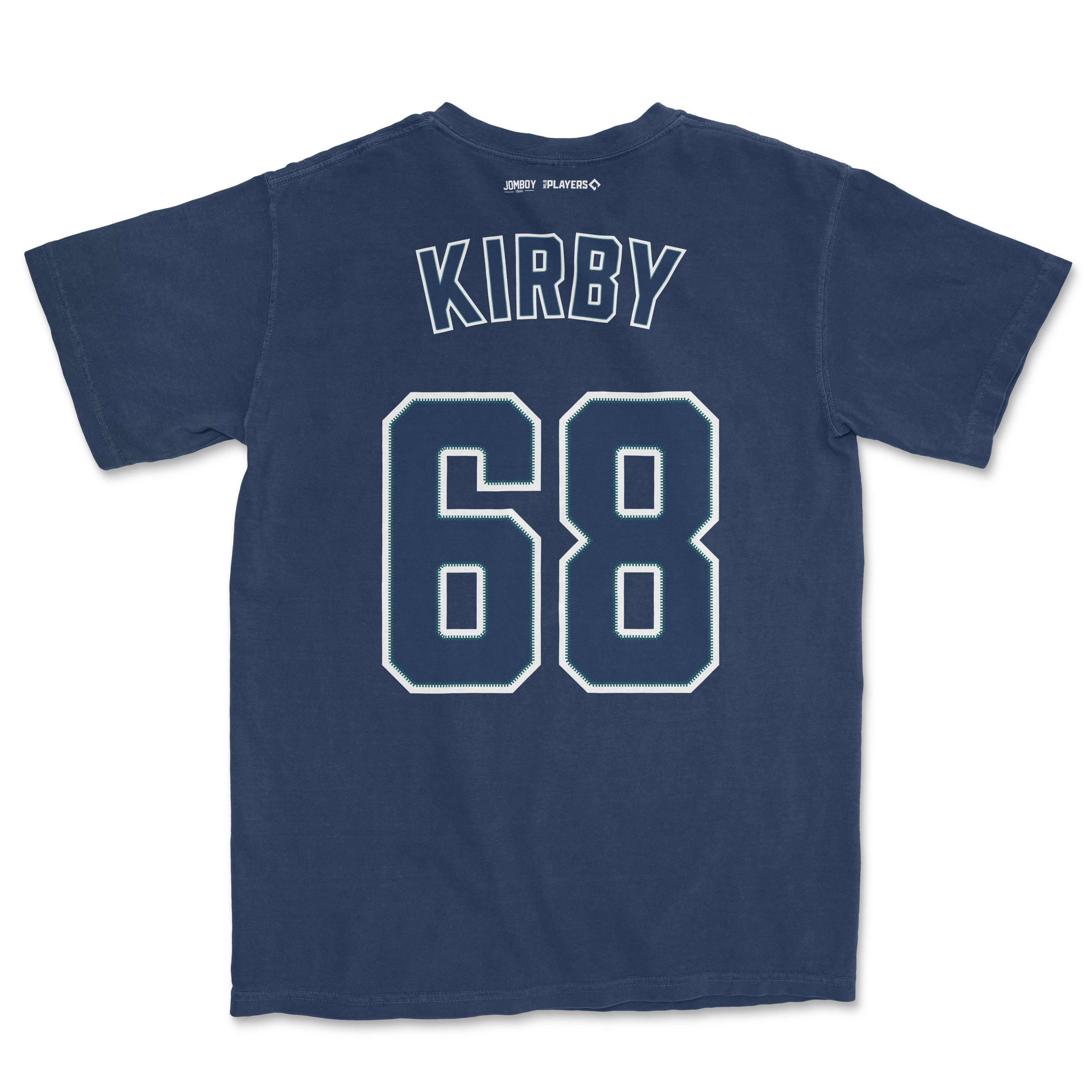 Back of a navy blue Comfort Colors tee featuring "KIRBY" and the number "68" in large, outlined sports-style font.