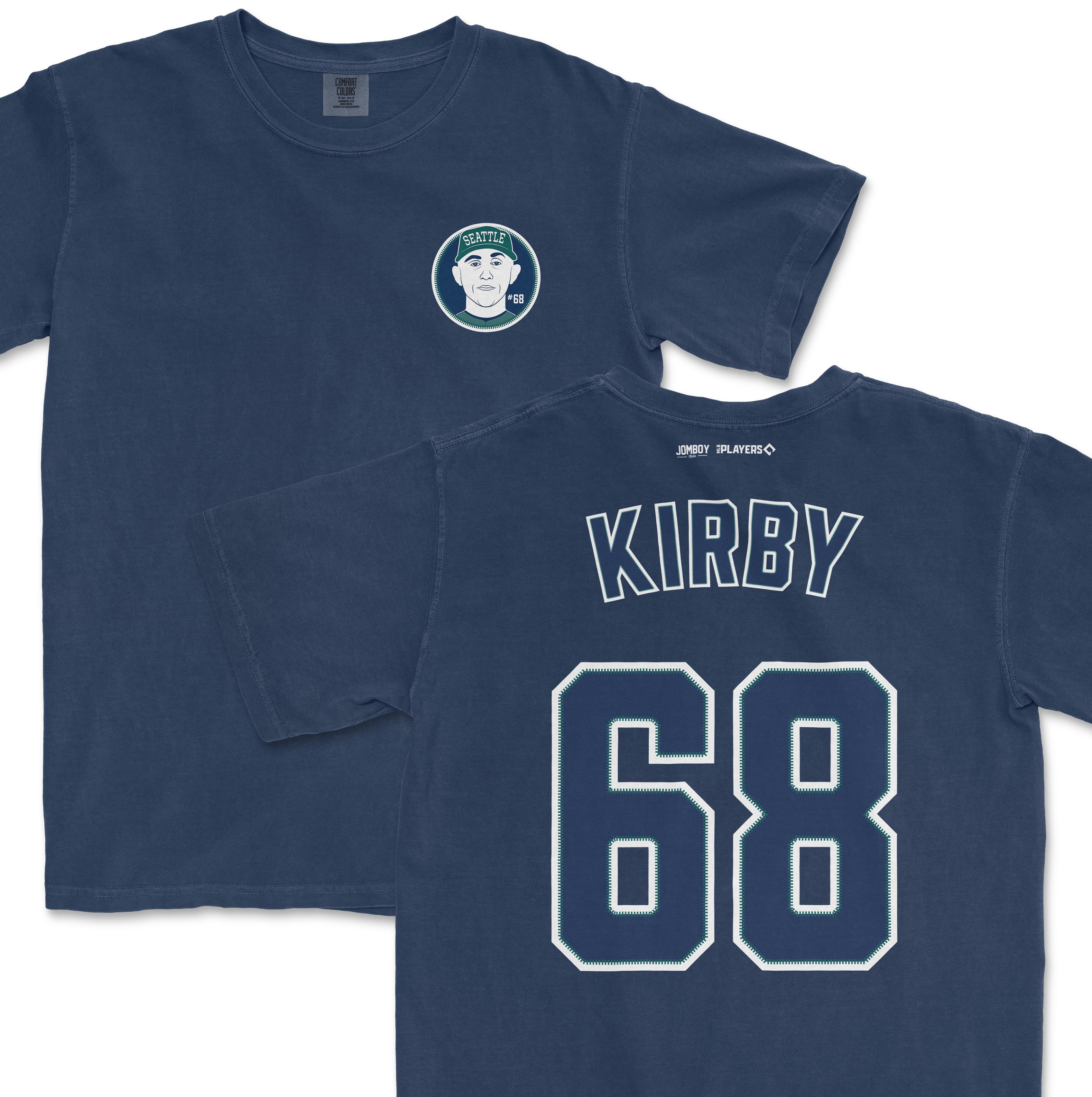 Blue Comfort Colors tee featuring a Seattle-themed graphic on the front and "KIRBY 68" sports jersey-style print on the back.