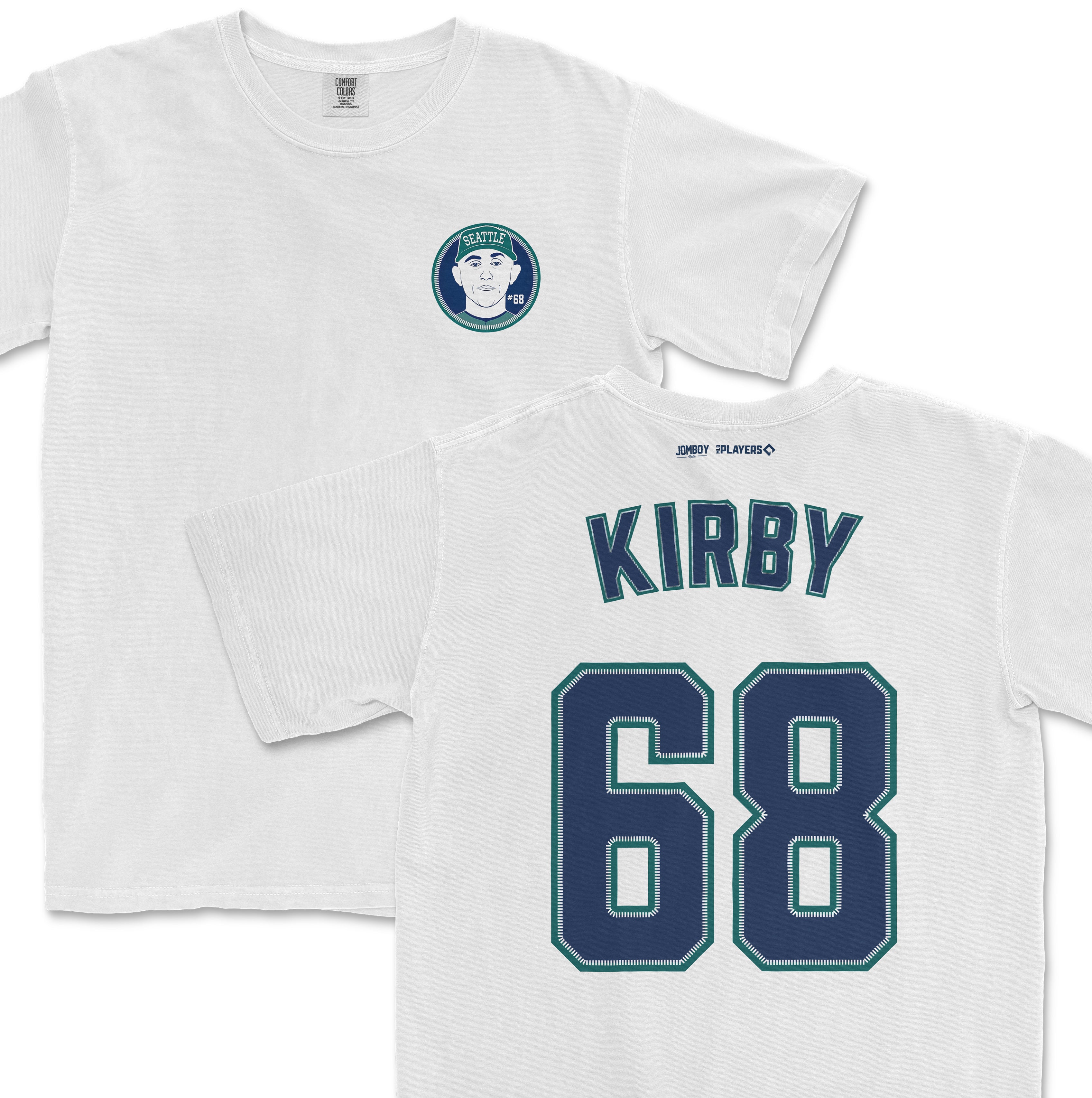 White Comfort Colors tee featuring a Seattle-themed graphic on the front and "Kirby 68" sports jersey-style print on the back.