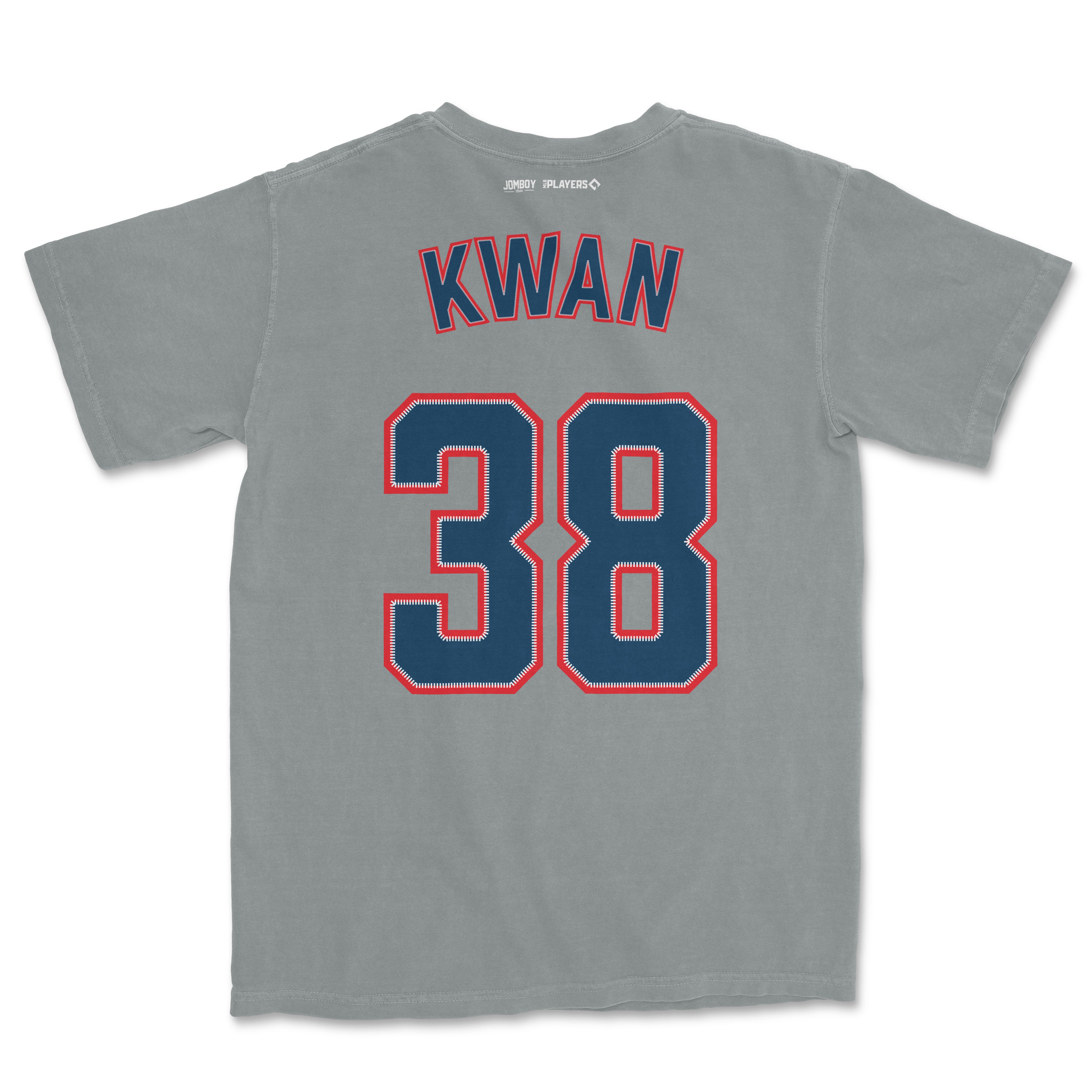 Gray Steven Kwan baseball jersey with "KWAN" and the number "38" in blue and red on the back.