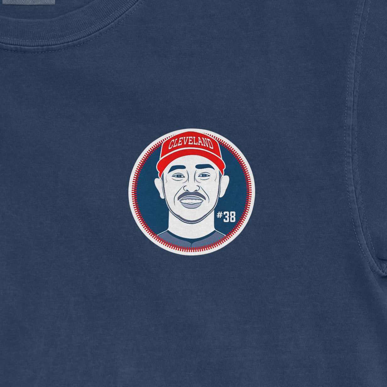 Blue Steven Kwan shirsey featuring a graphic of a man's face, red Cleveland cap, and the number 38.