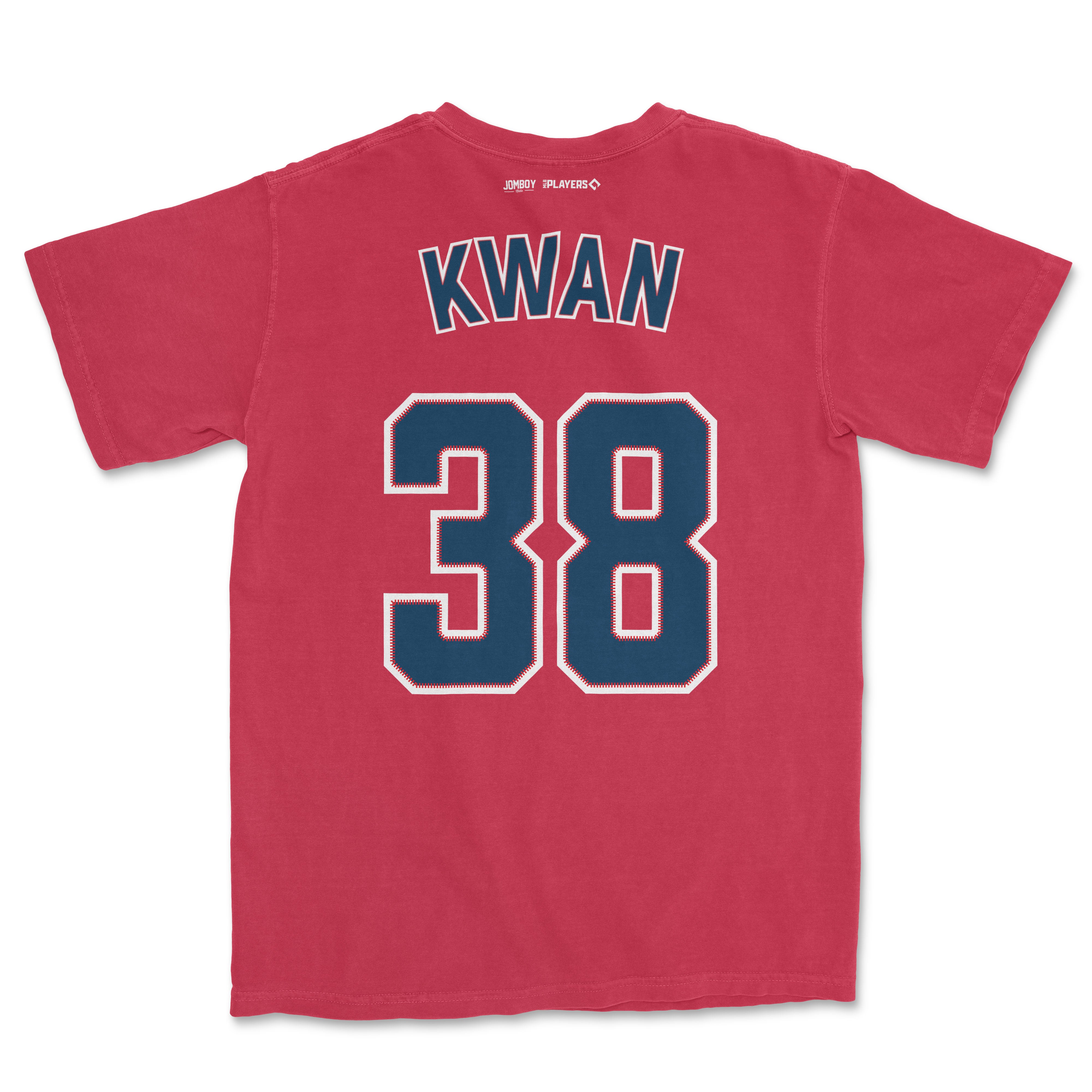 Red Steven Kwan baseball jersey with "KWAN" and the number "38" printed on the back in navy blue with white and red outlines.