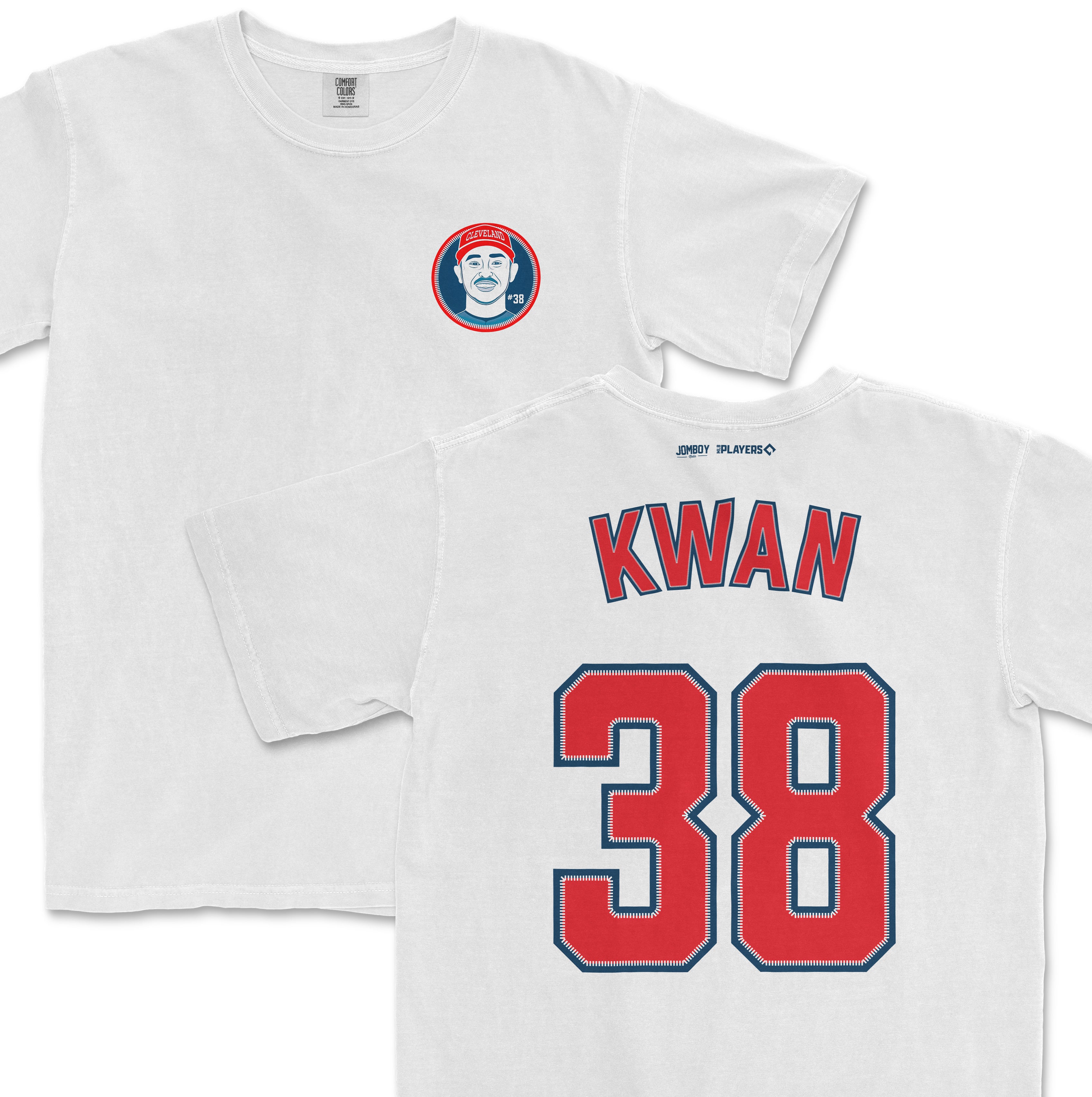 White Steven Kwan Cleveland baseball shirsey with "KWAN" and the number "38" in red and blue on the back, and a team logo on the front.
