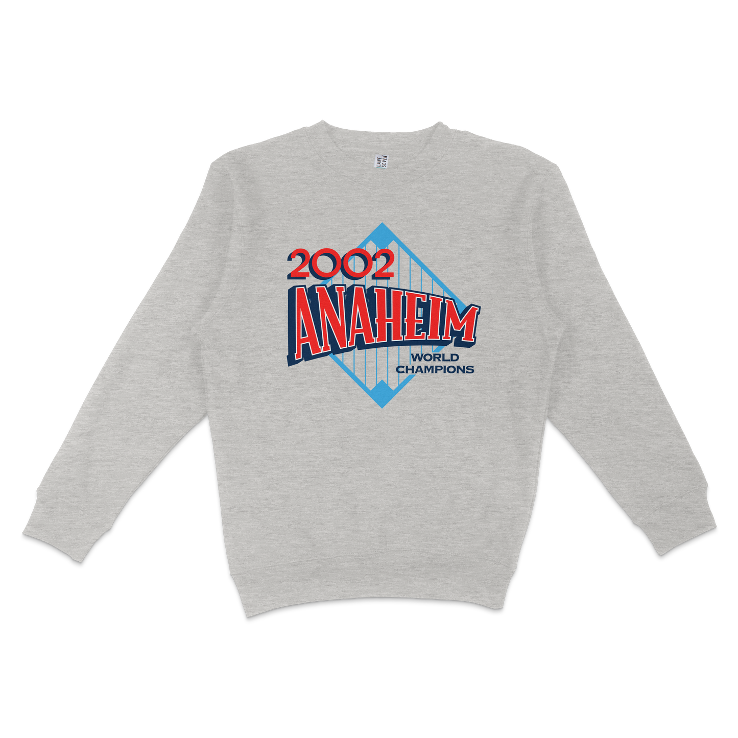 Gray crewneck sweatshirt featuring a vintage-style graphic celebrating the 2002 Anaheim World Champions, with bold red and blue text.