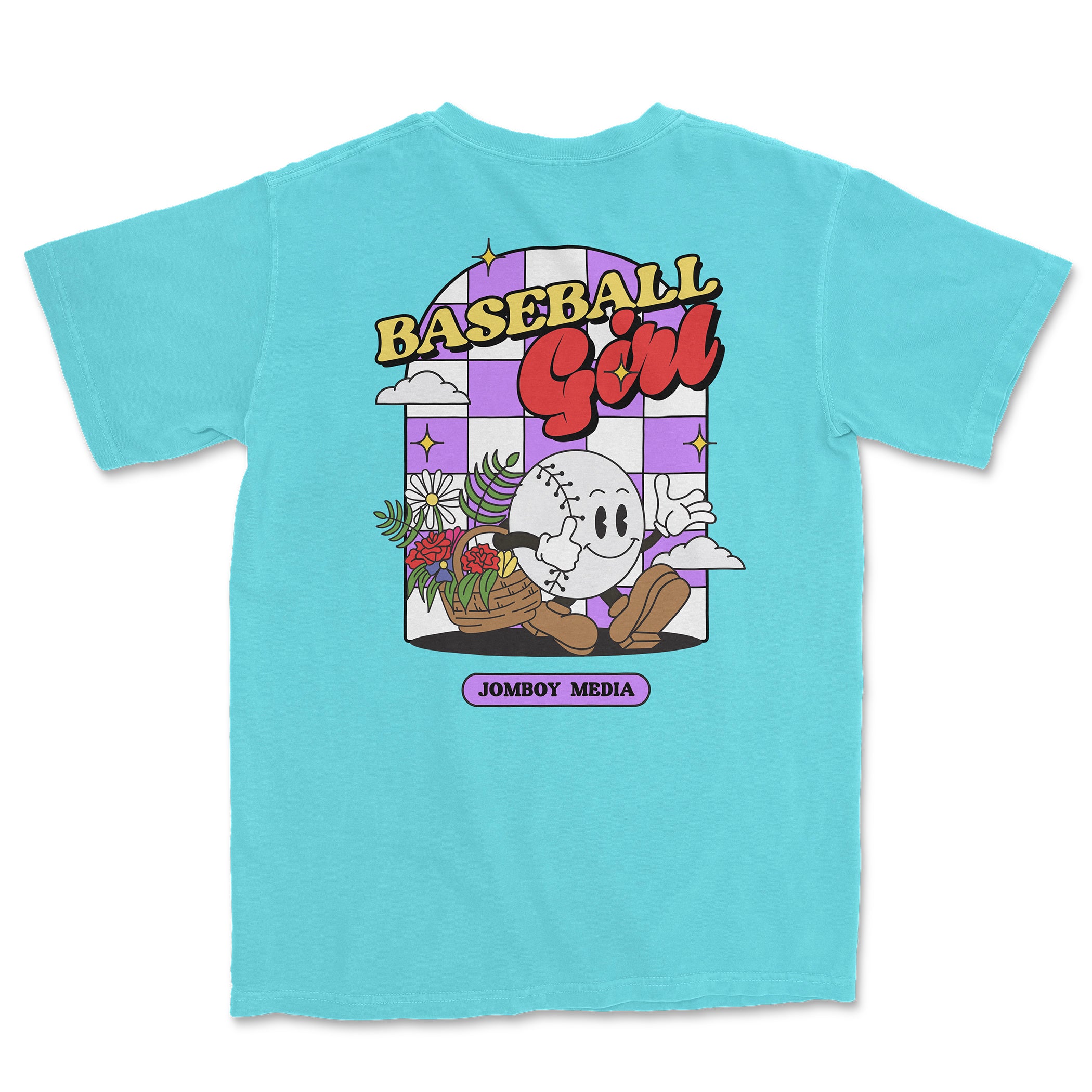 Comfort Colors tee featuring a colorful graphic of a cartoon baseball girl holding a basket of flowers, with "Baseball Girl" text and "JOMBOY MEDIA" label.