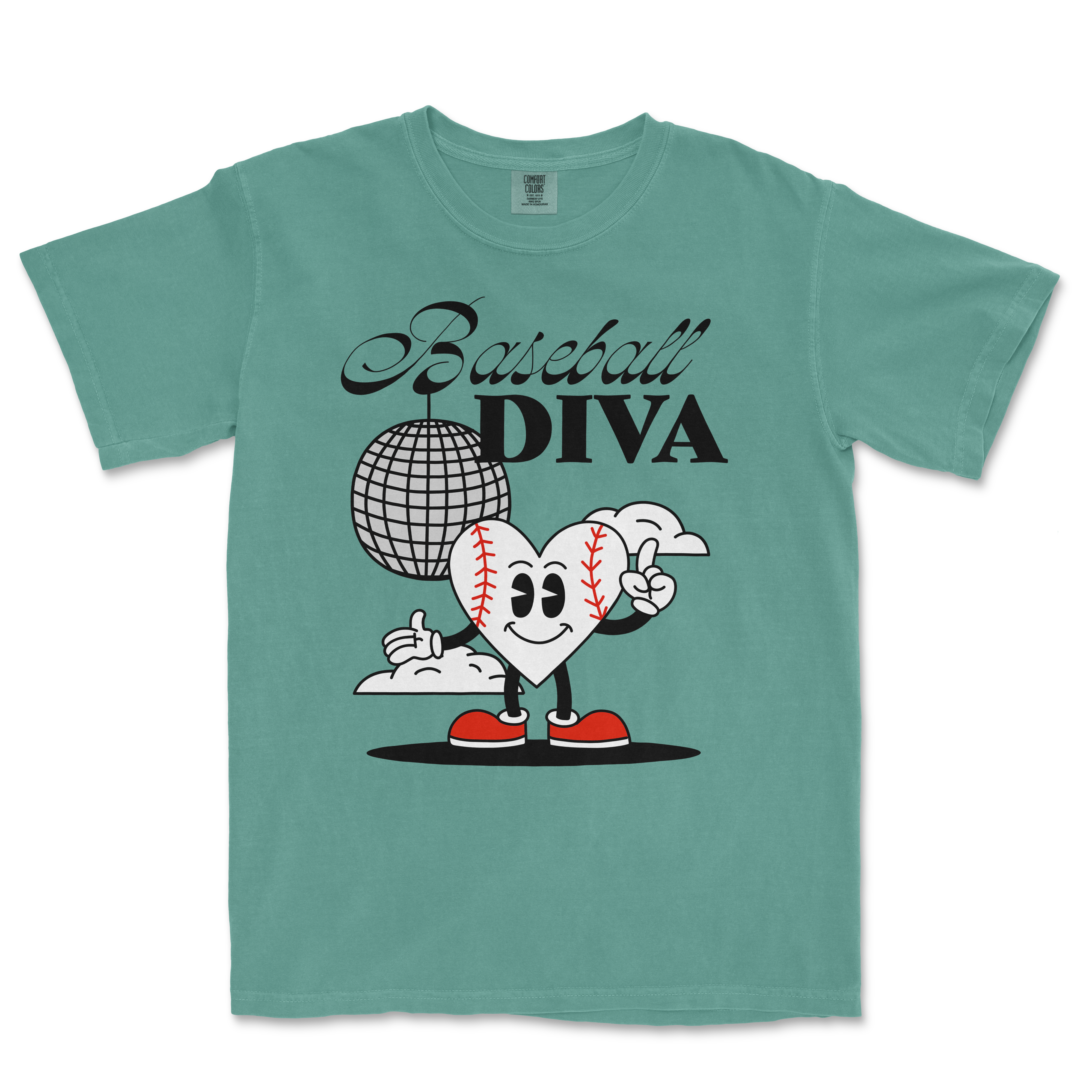 Comfort Colors teal T-shirt featuring a cartoon heart with baseball stitches, sneakers, and a smiling face, with "Baseball Diva" text and a disco ball graphic.