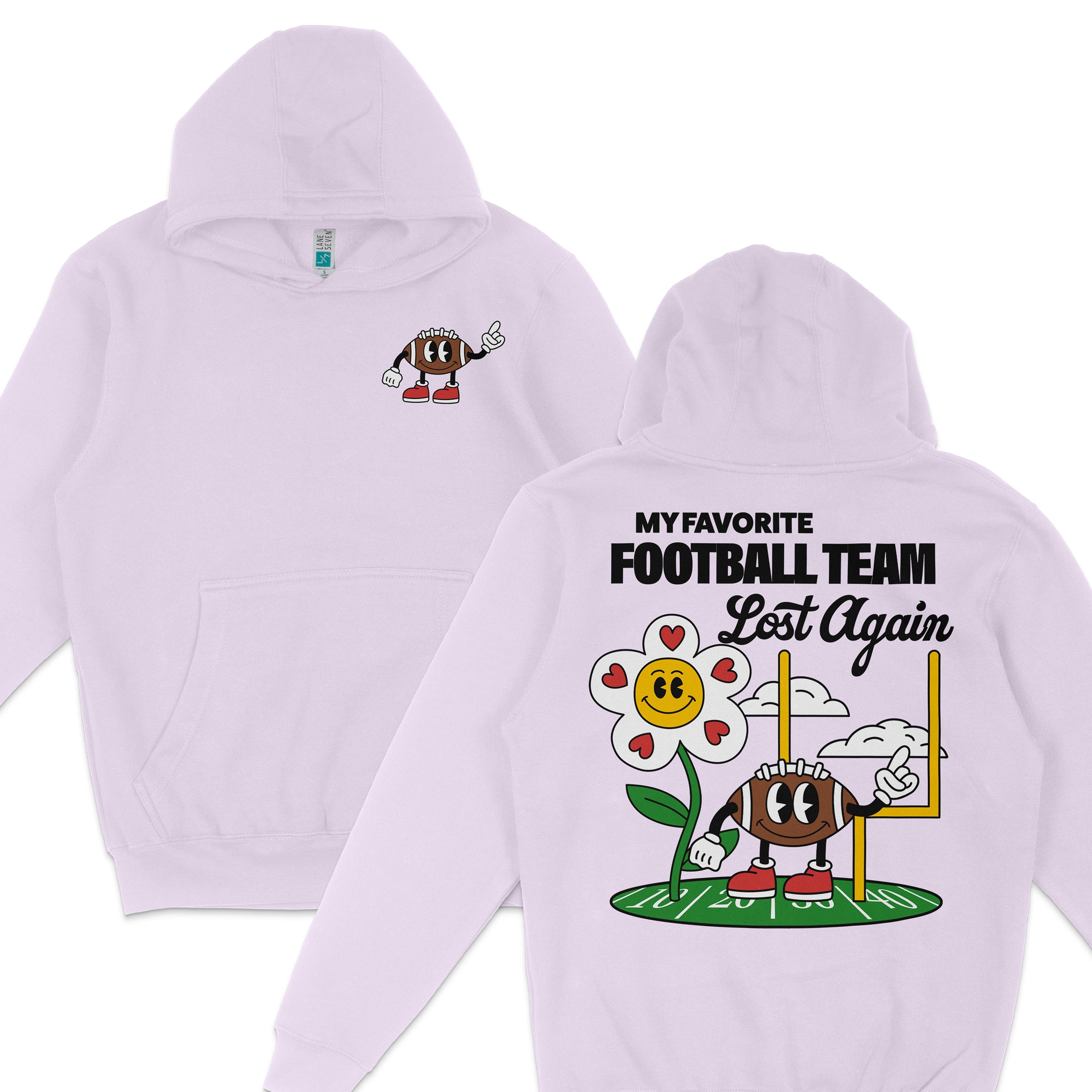 White hoodie with a football-themed cartoon design, featuring a smiling flower and a football character, with humorous "Lost Again" text on the back.
