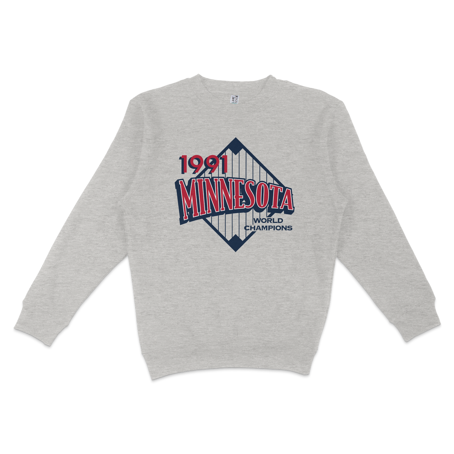 Gray crewneck sweatshirt featuring a Minnesota Vikings 1991 World Champions logo with a stylized bridge graphic.