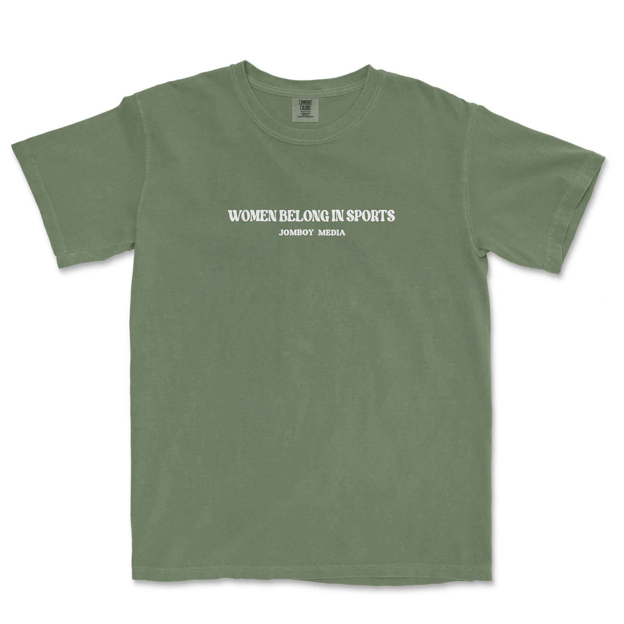 Green T-shirt with white text that reads "Women Belong in Sports" and "JomboY Media" underneath.