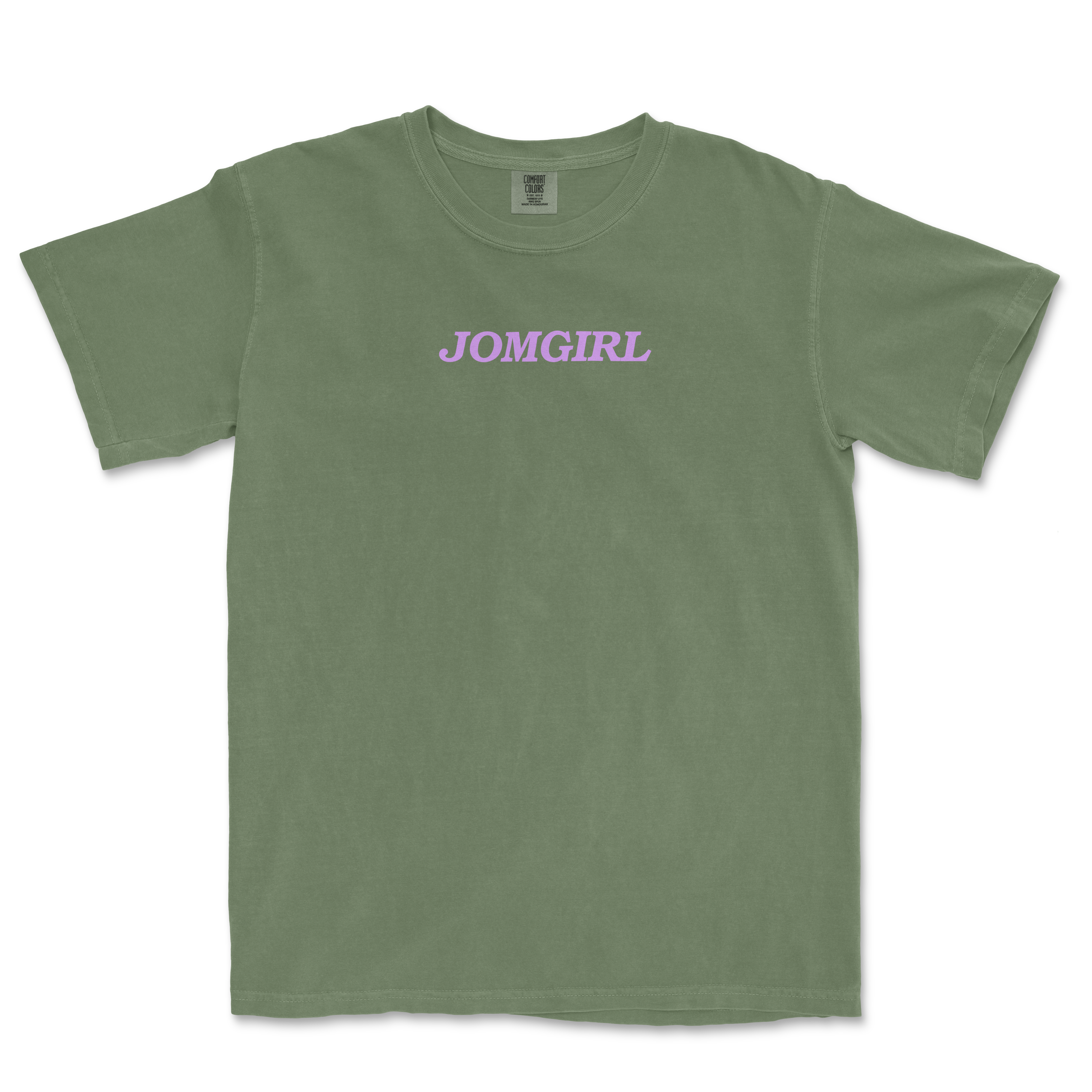Olive green t-shirt featuring the word "JOMgirl" in bold purple lettering across the chest.