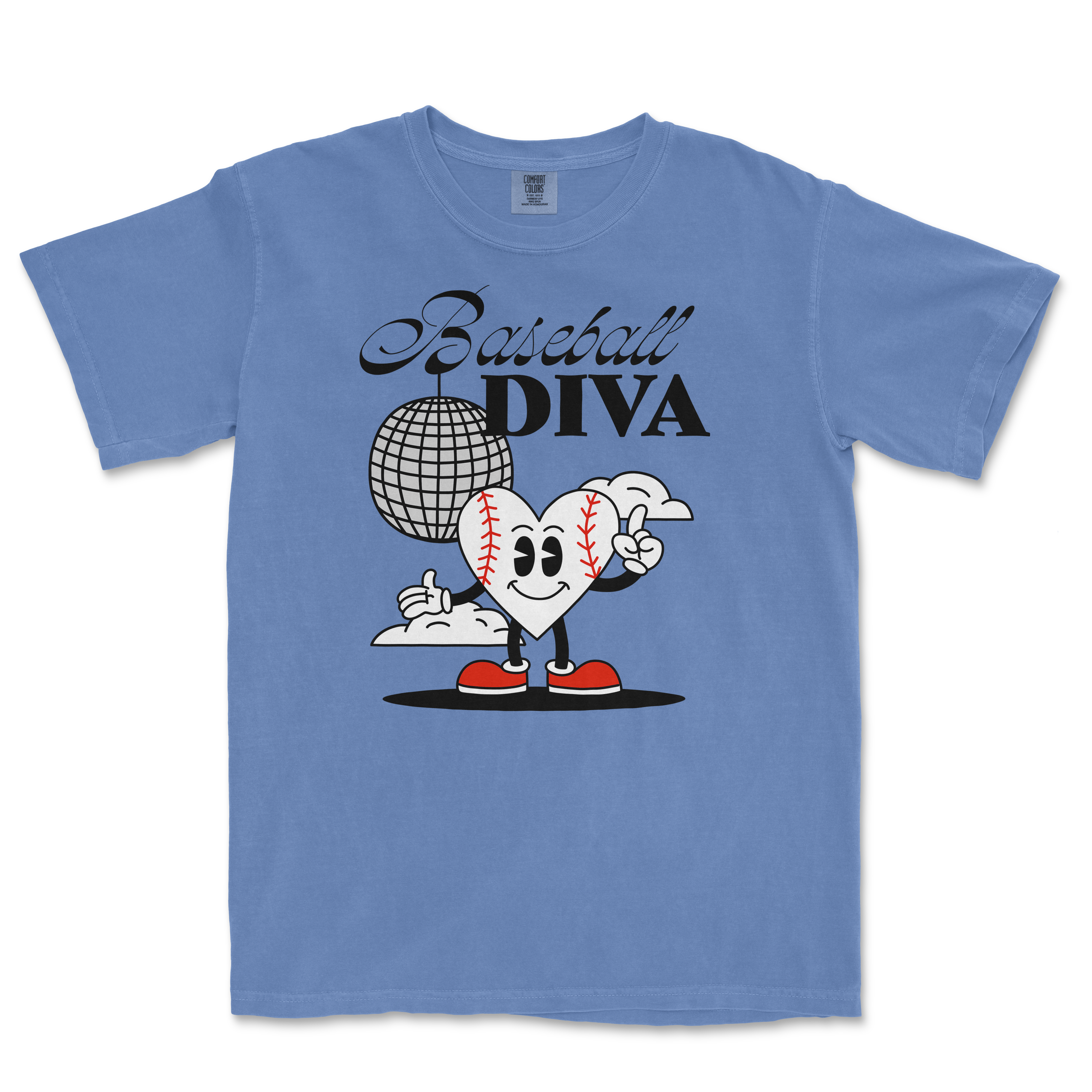 Light blue Comfort Colors tee featuring a cartoon heart with baseball stitches, sneakers, and a disco ball, with "Baseball Diva" text.