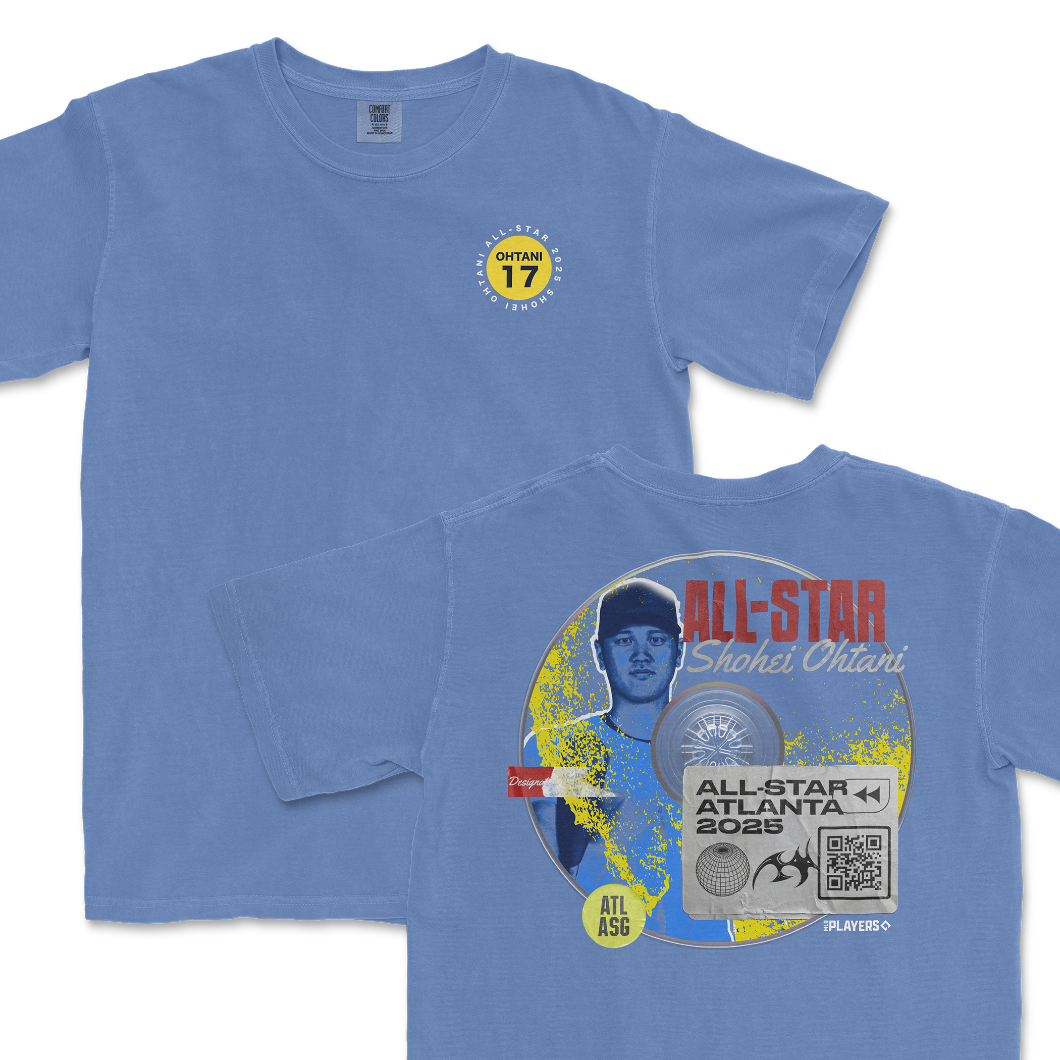 Light blue t-shirt featuring Shohei Ohtani's All-Star 2025 graphic, showcasing his name, number, and event details.