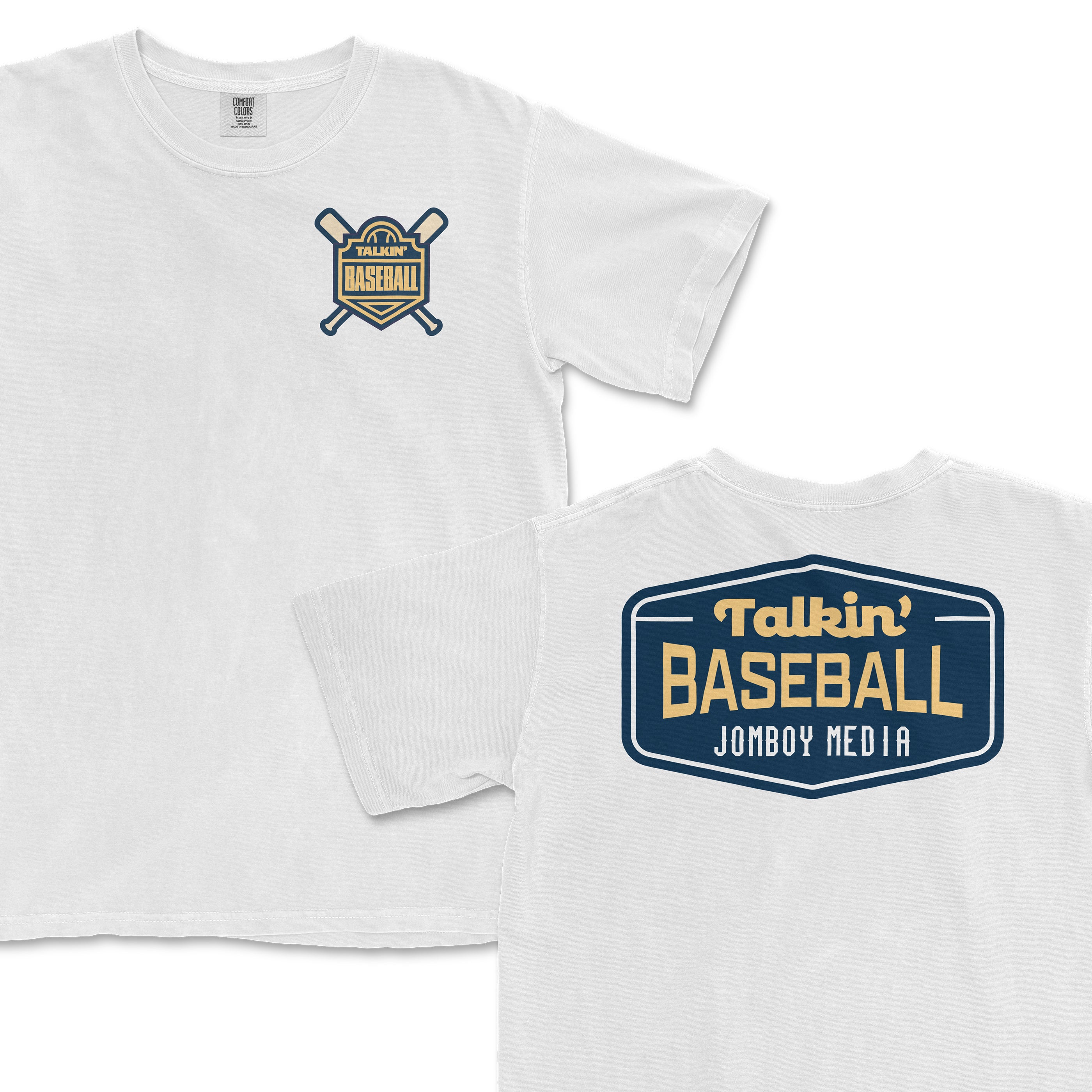 White T-shirt featuring a "Talkin' Baseball" emblem with crossed baseball bats on the front and a large "Talkin' Baseball" logo with "JomboY Media" on the back.