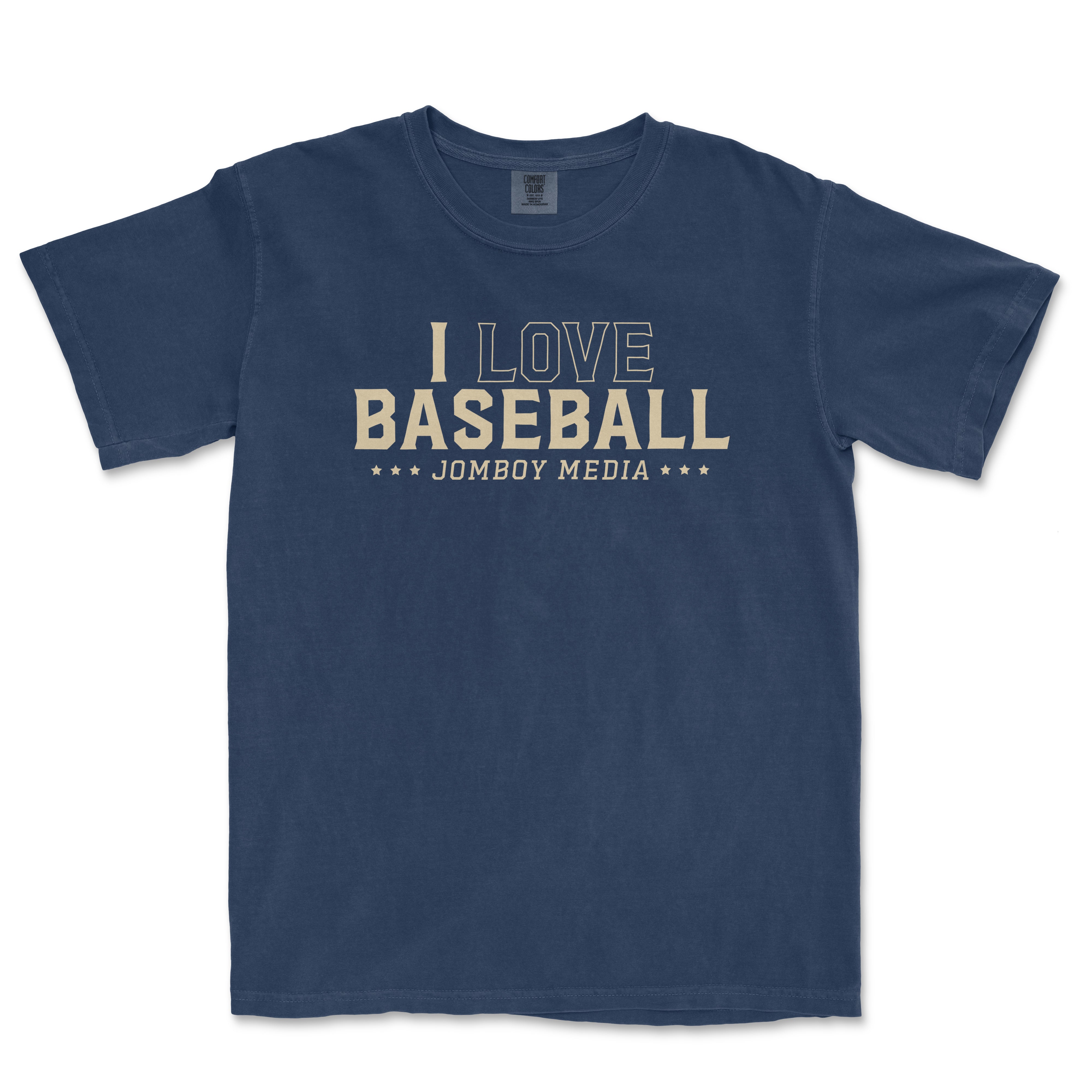 Blue Comfort Colors vintage T-shirt with "I Love Baseball" and "Jomboy Media" printed in beige, featuring a casual, worn-in style.