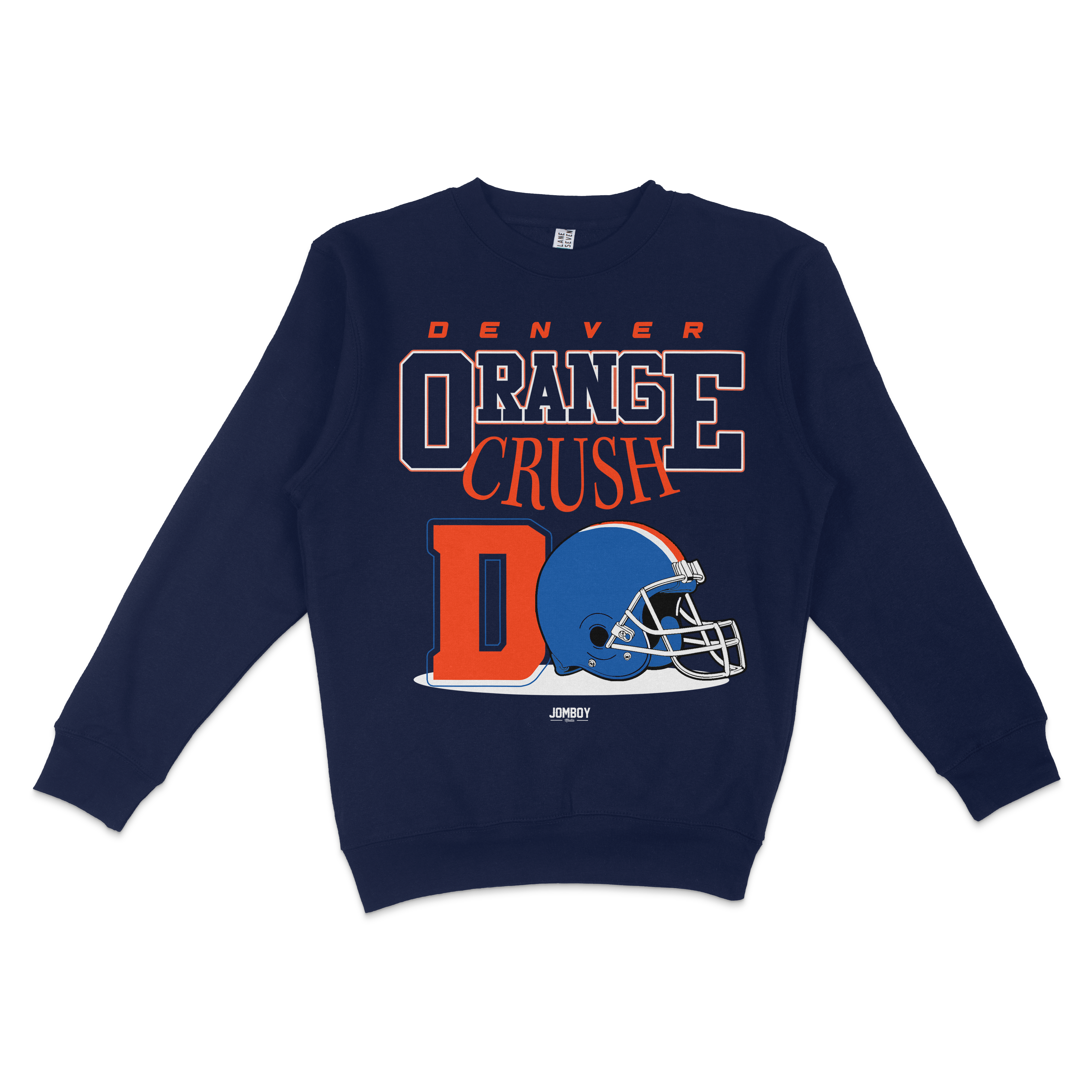 Navy crewneck sweatshirt featuring "Denver Orange Crush" text, a football helmet graphic, and bold orange and white lettering.