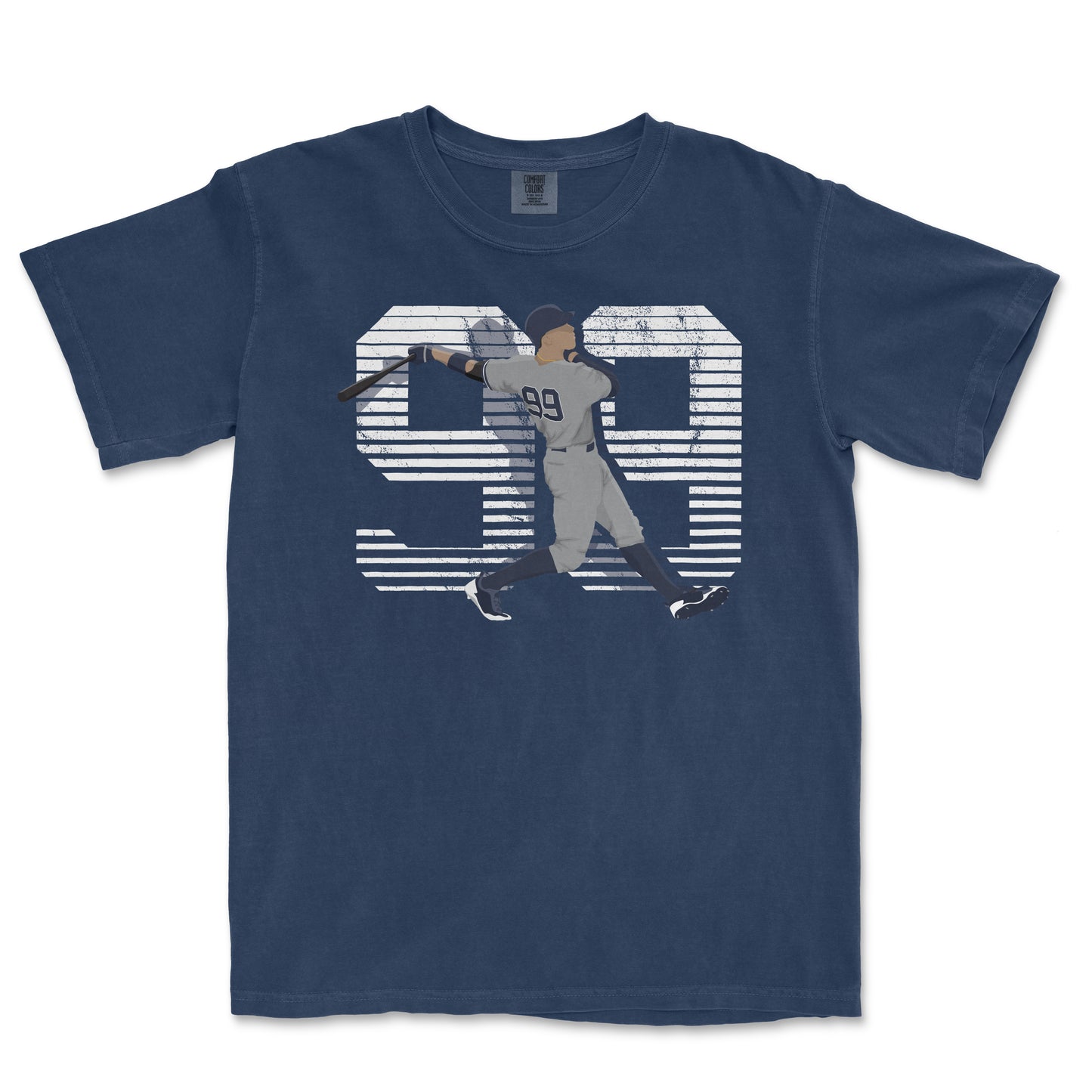Navy blue Comfort Colors tee featuring a graphic of a baseball player swinging a bat, integrated into a large, distressed numeral '99' design on the front.