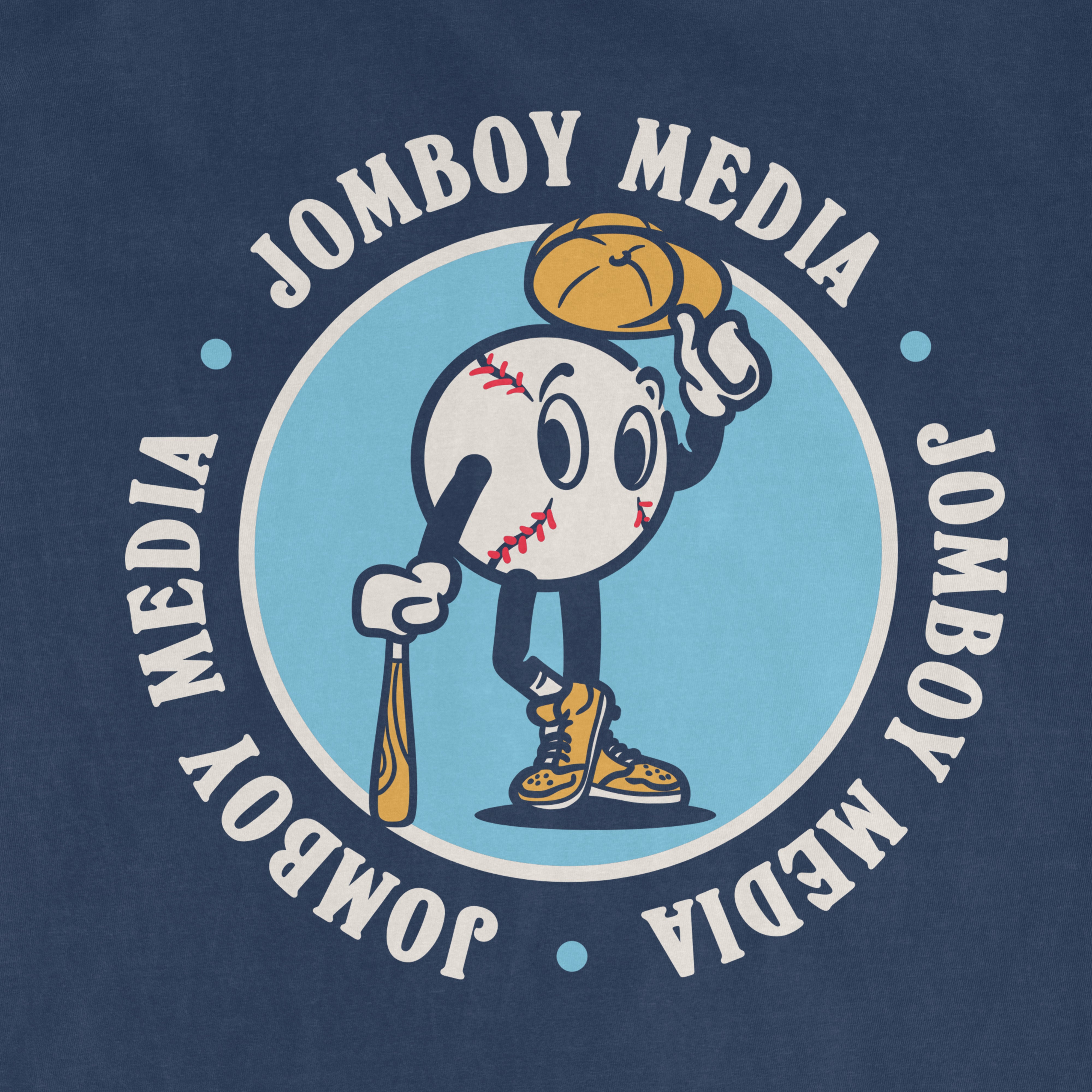 A cartoon baseball mascot with a baseball head, holding a bat and wearing sneakers, baseball glove, and cap, surrounded by "JOMBOY MEDIA" text.