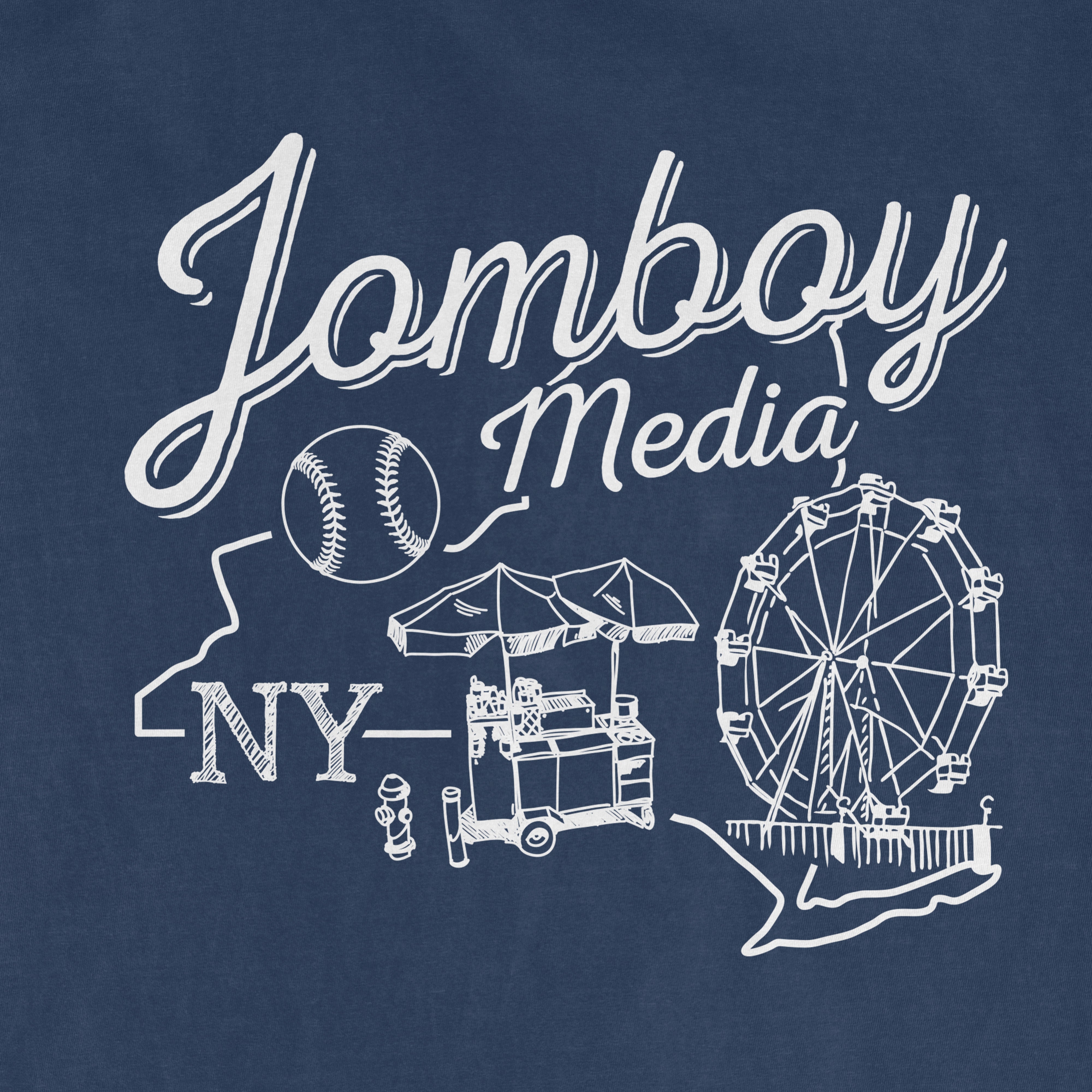 Blue shirt featuring white graphic design of a baseball, food cart, Ferris wheel, and "Lomboy Media NY" text.