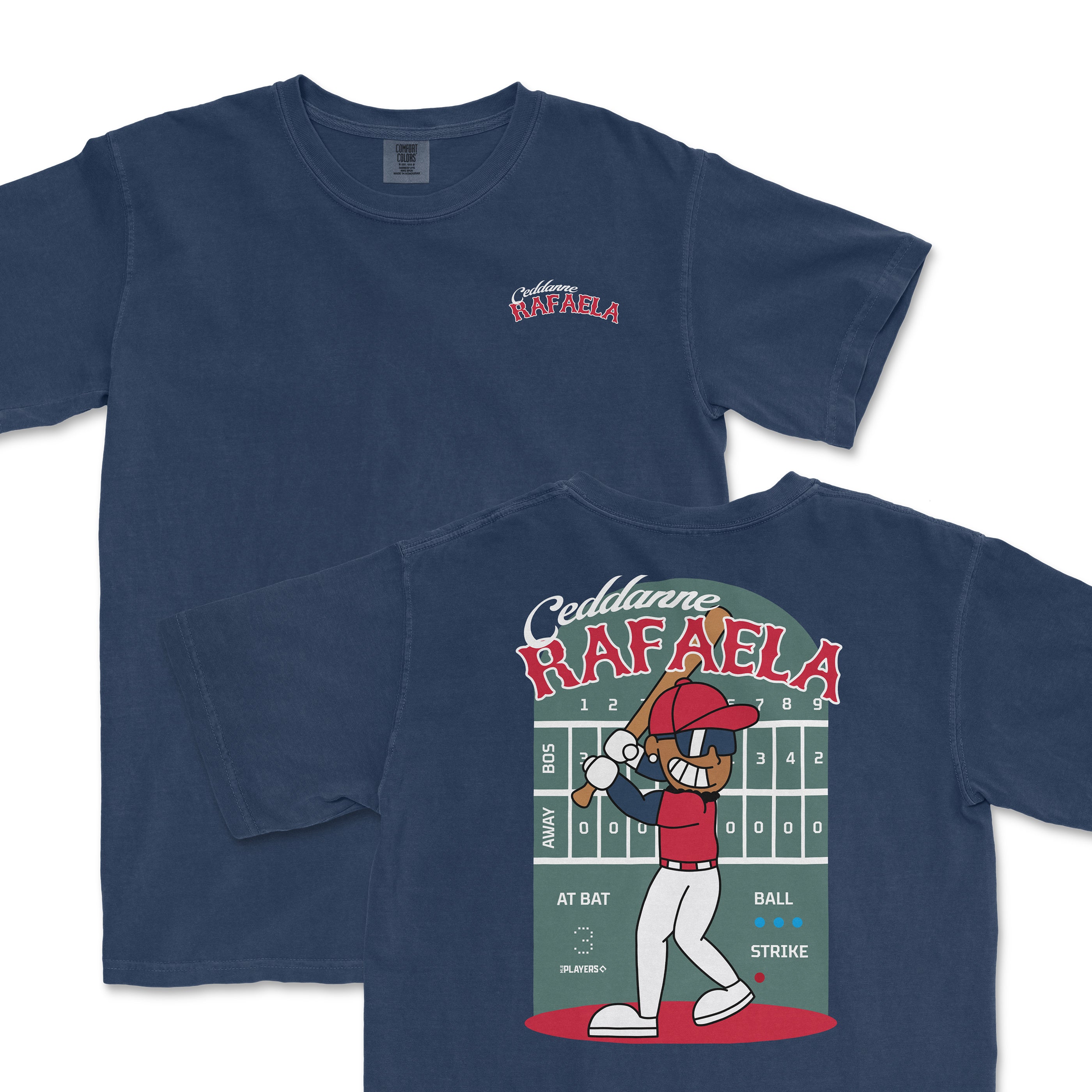 Navy t-shirt featuring a cartoon of Ceddanne Rafaela at bat with a scoreboard design on the back.