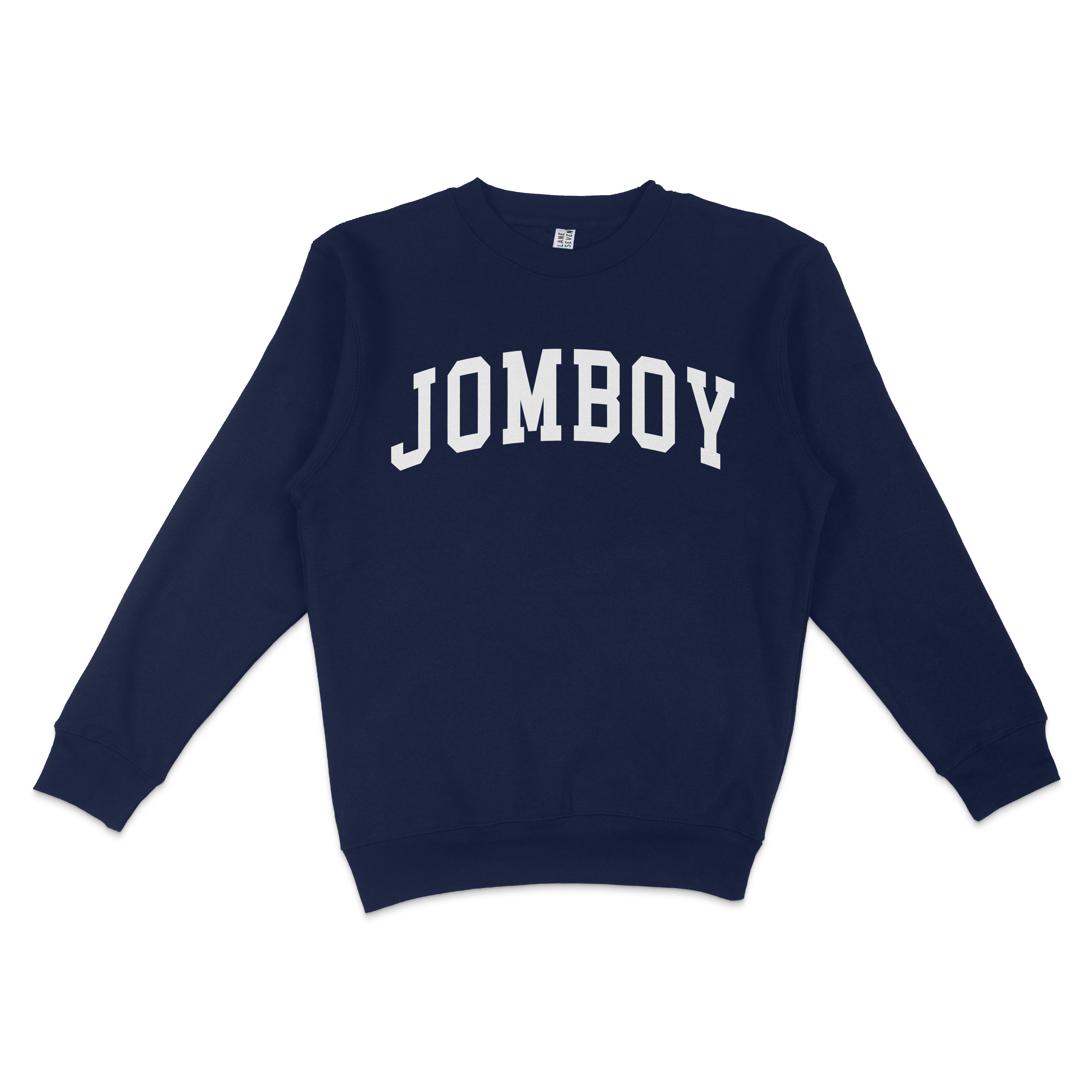 Navy blue crewneck sweatshirt with "JOMBOY" in bold white letters across the chest, casual and comfortable apparel.