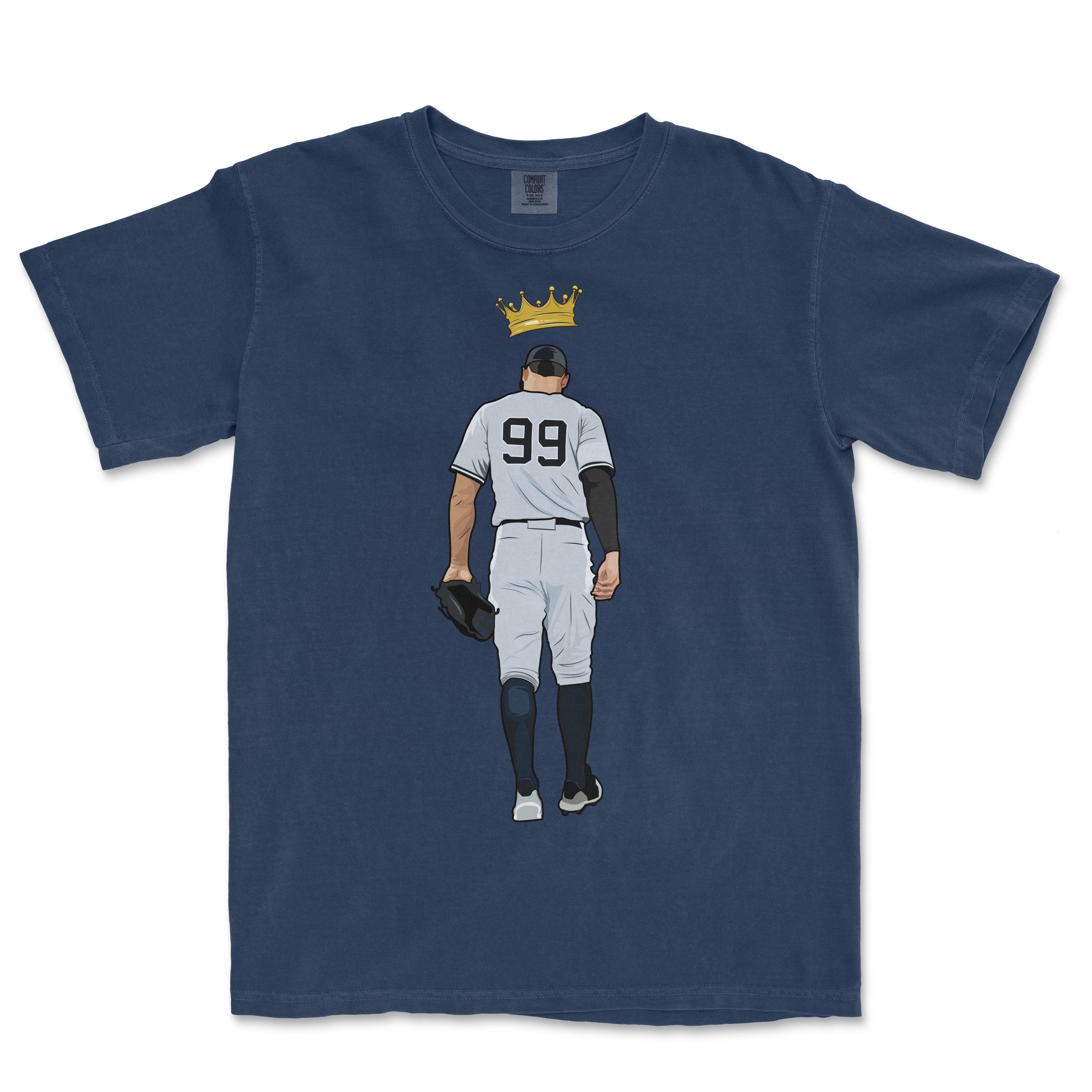 Comfort Colors tee featuring a baseball player with the number 99 on back, walking with a glove, topped by a gold crown.