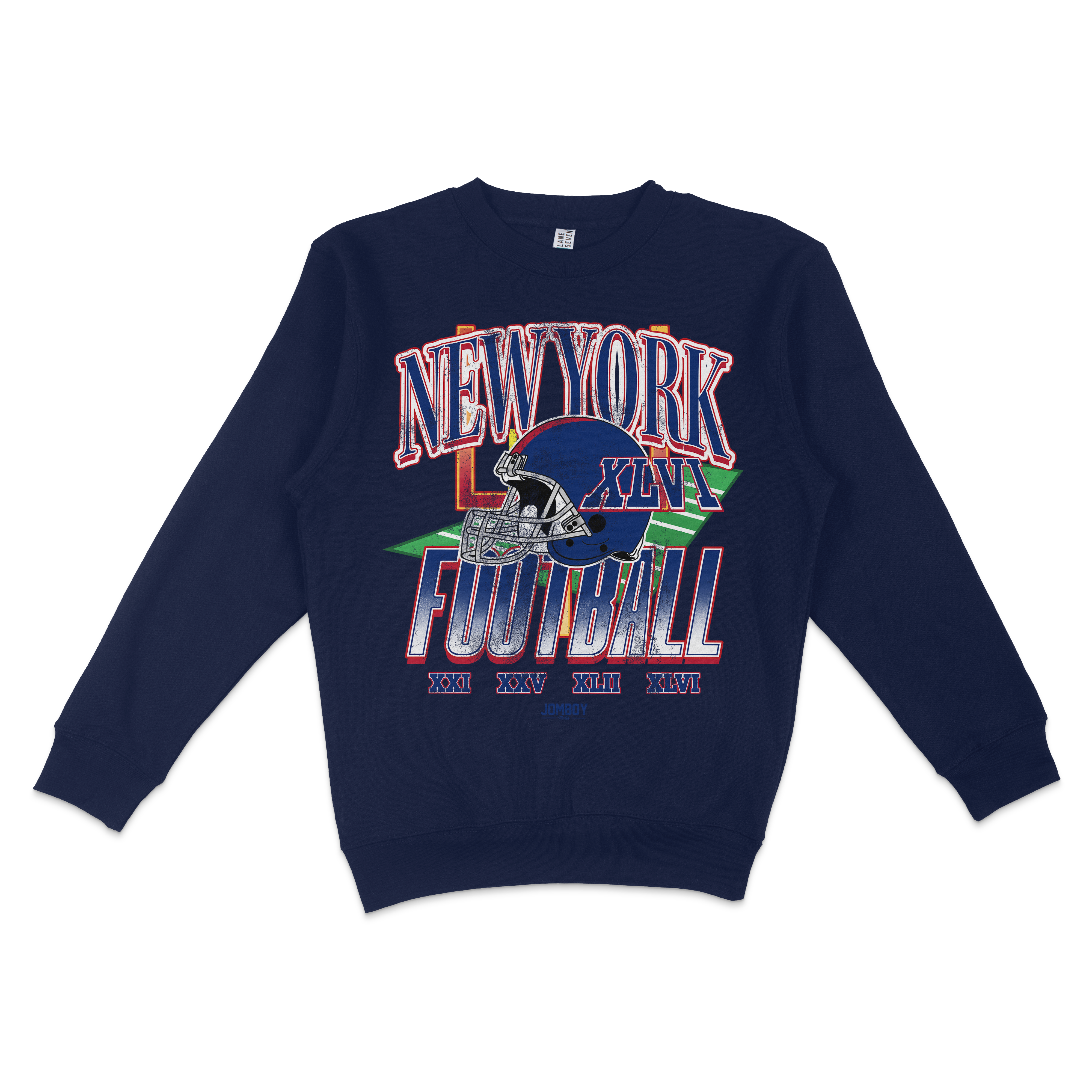 Navy blue crewneck sweatshirt featuring a colorful graphic design of a football helmet, "New York Football" text, and Roman numerals.