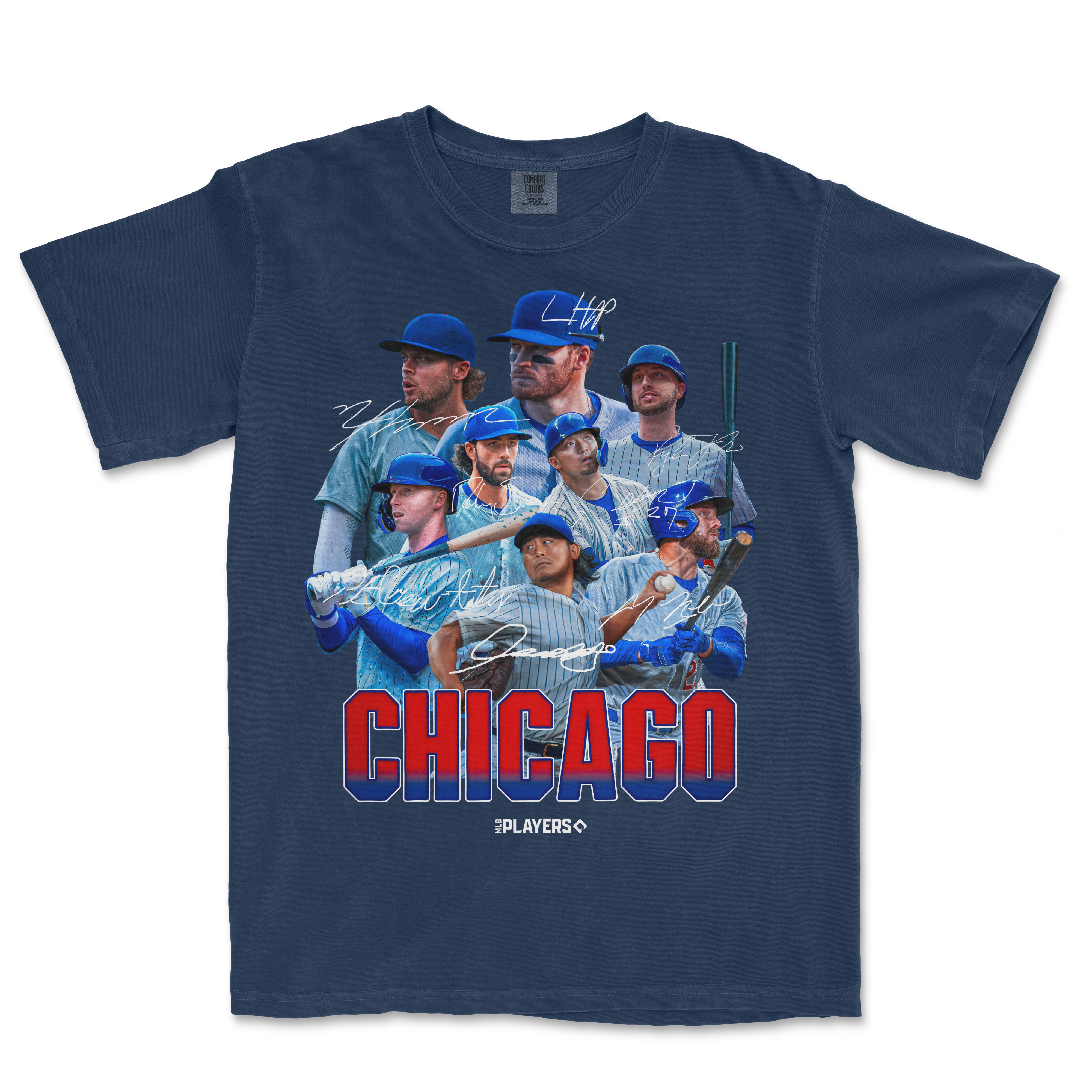 Blue Comfort Colors T-shirt featuring a Chicago baseball team graphic with players, signatures, and bold "CHICAGO" text.