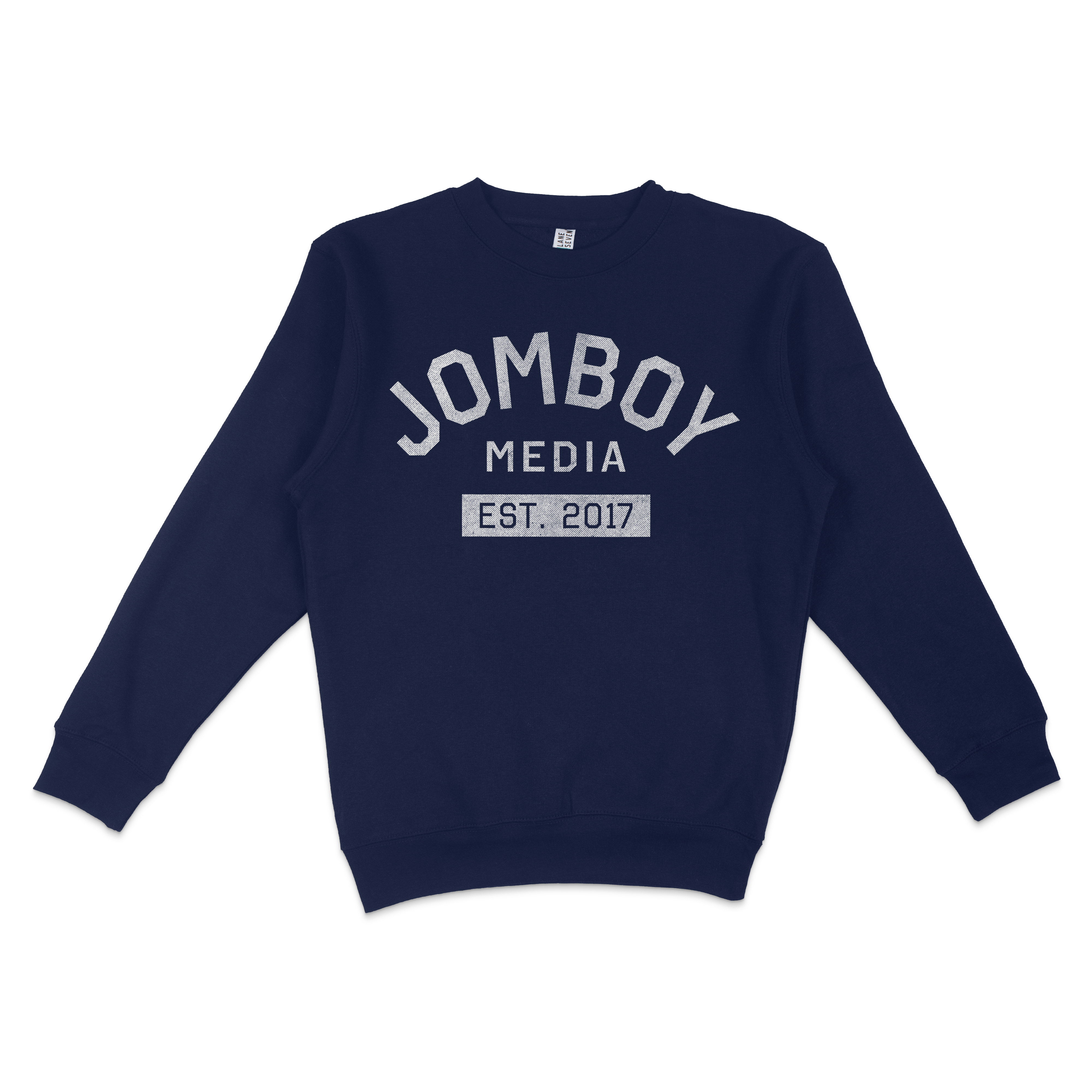 Navy blue crewneck sweatshirt with "Jomboy Media Est. 2017" printed in white text on the front.