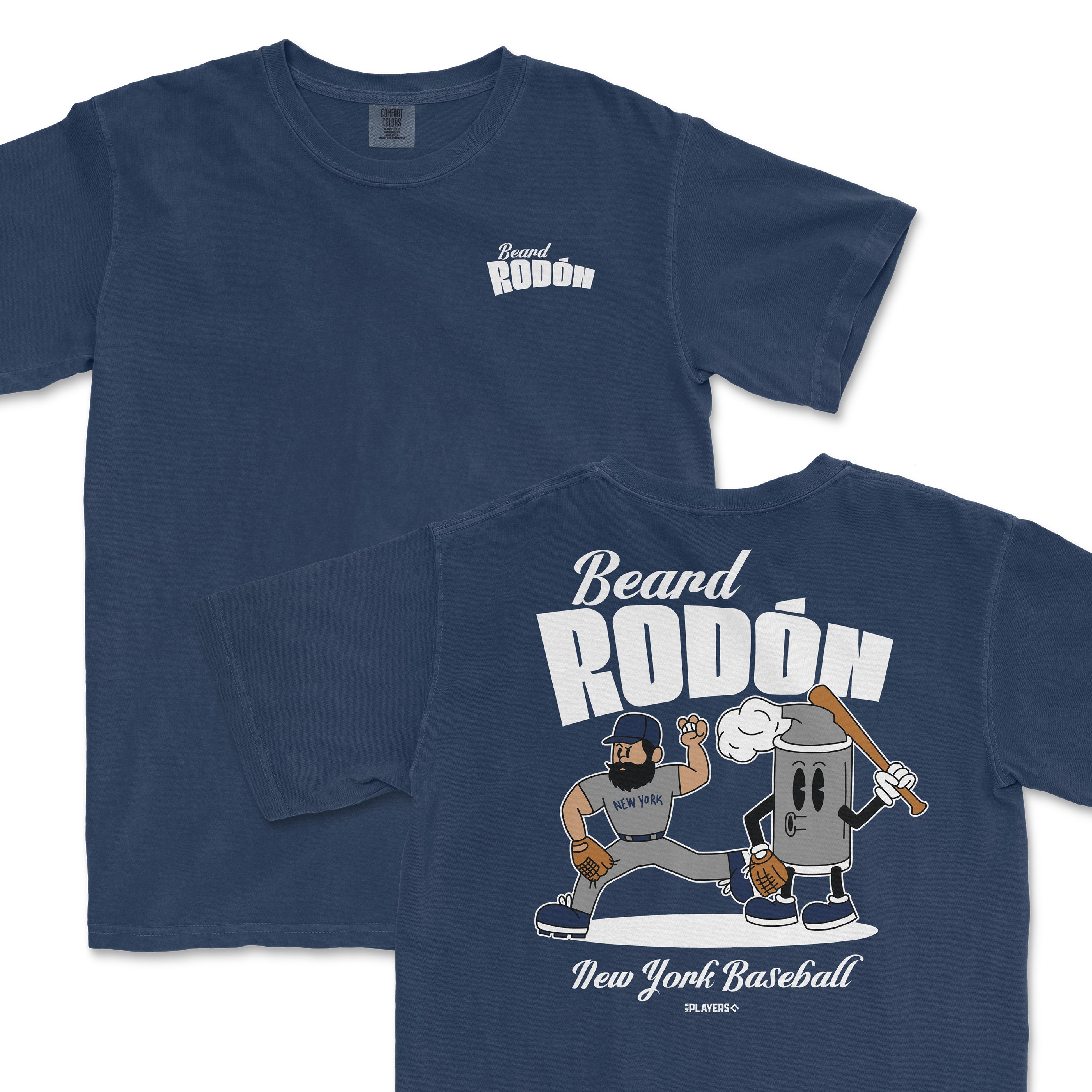 Navy blue t-shirt featuring a cartoon design of Carlos Rodón with a baseball theme and "Beard Rodón" text.
