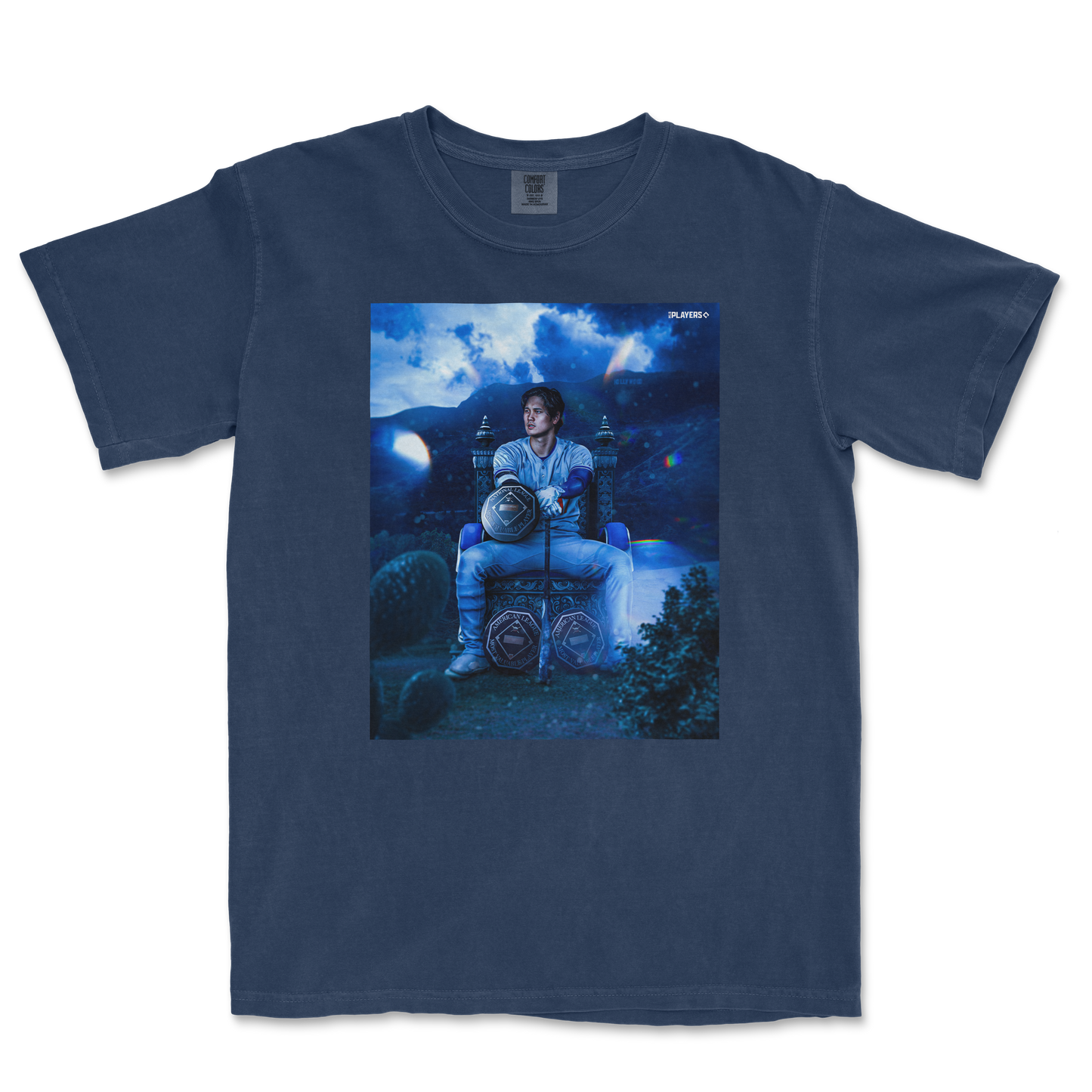 Blue T-shirt featuring Otani sitting on a throne with a dark, fantasy-inspired background, celebrating his MVP '24 achievement.