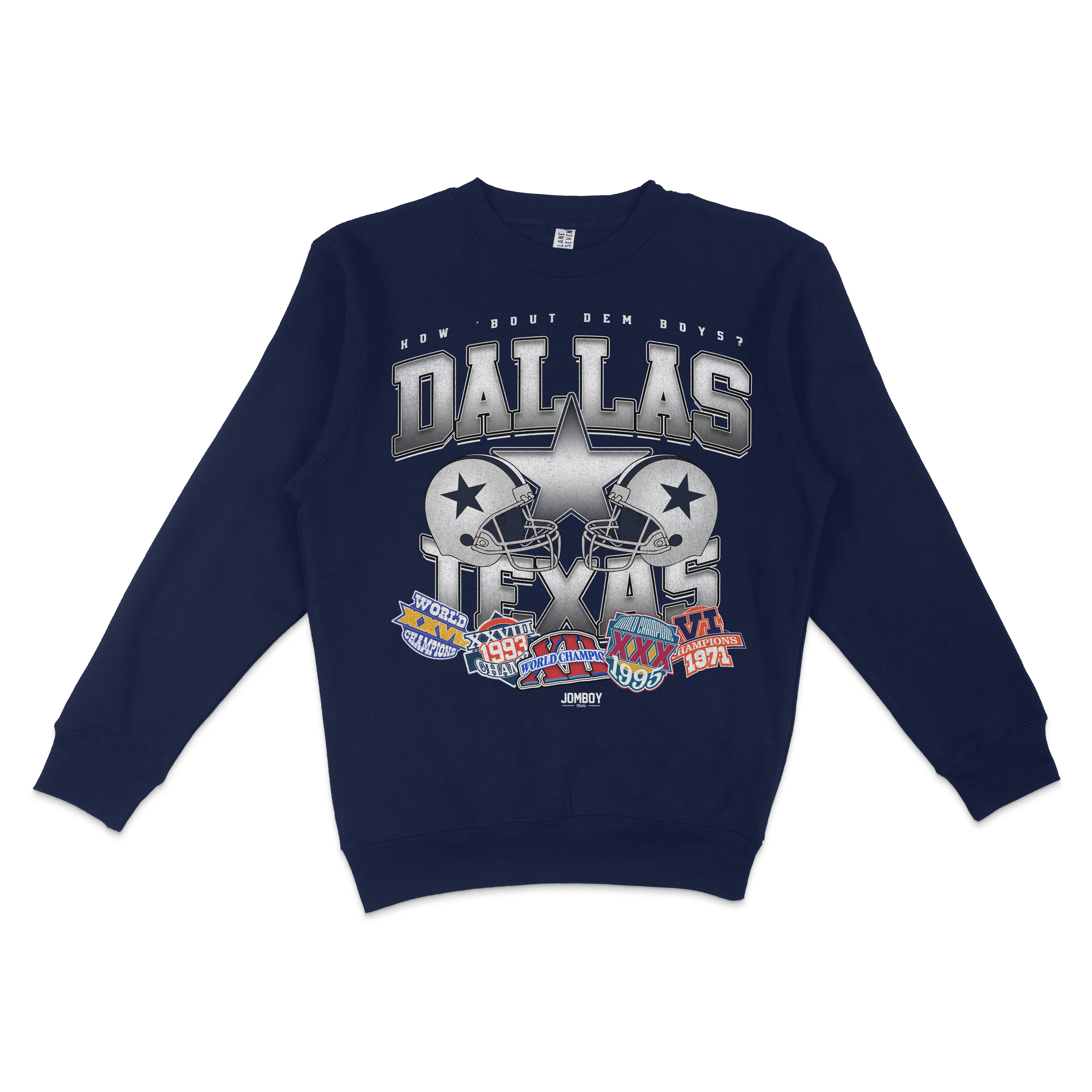 Navy blue crewneck sweatshirt featuring bold "Dallas Texas" graphics, football helmets, and championship banners.