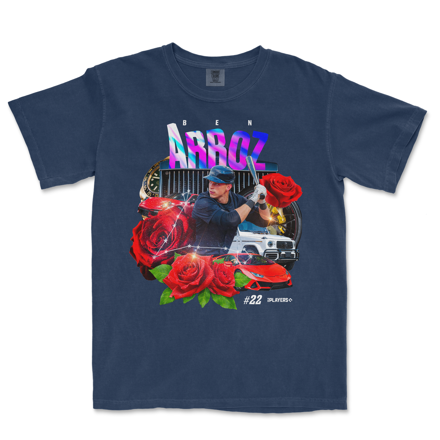 Comfort Colors navy T-shirt featuring a collage of a baseball player, luxury cars, roses, and vibrant "ARROZ" text.