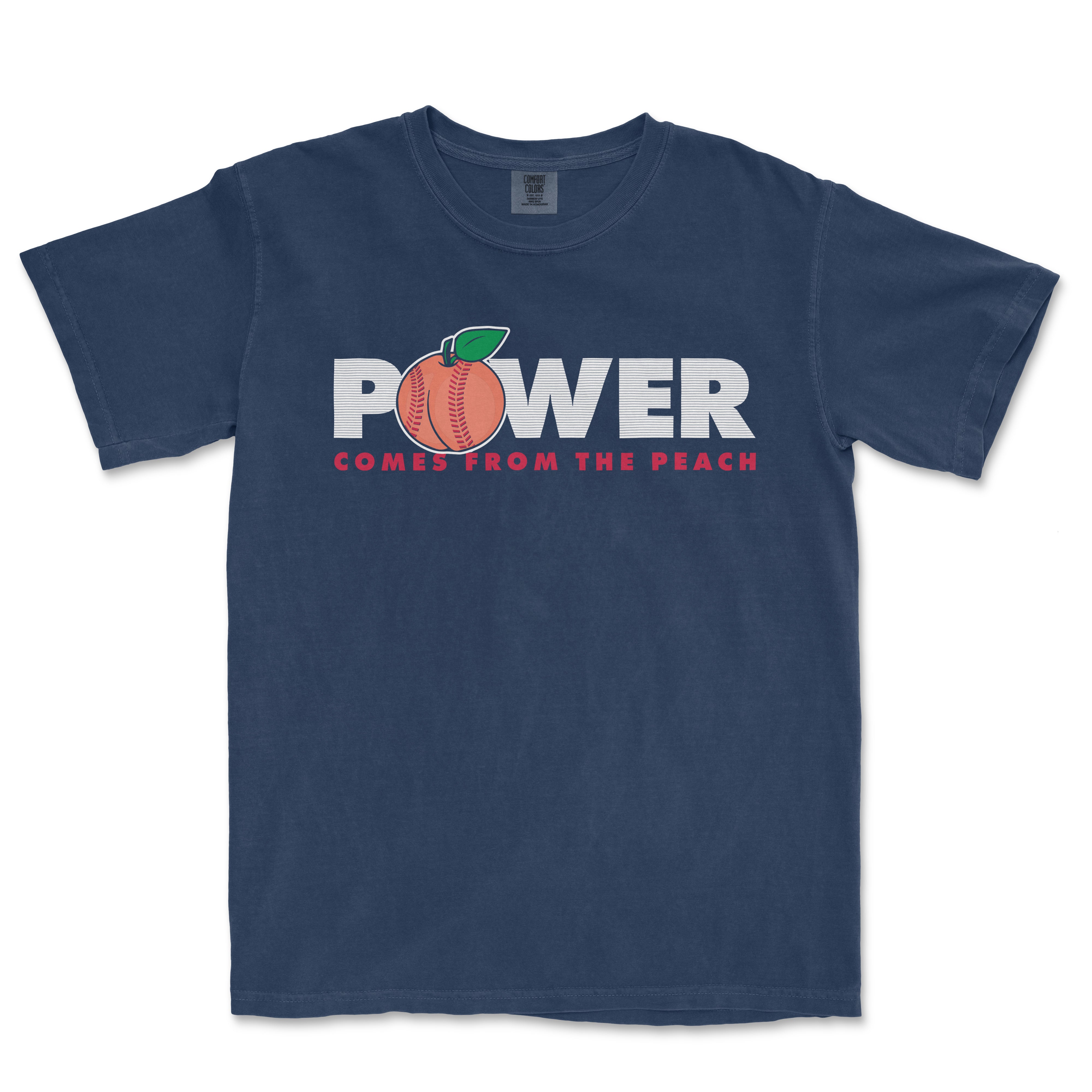 A navy blue T-shirt featuring a peach with a leaf as the "O" in "POWER" and the text "Power Comes from the Peach" below.