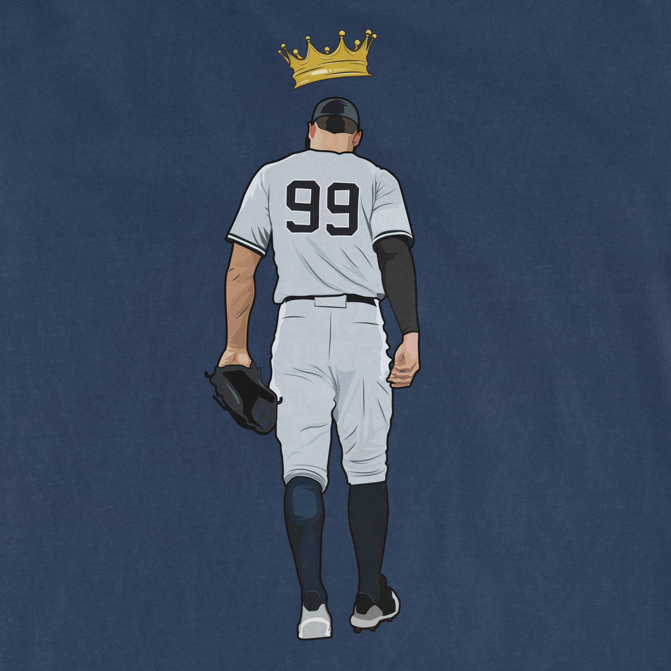 Illustration of a baseball player from behind wearing a gray uniform with the number 99, holding a helmet, with a gold crown above his head.