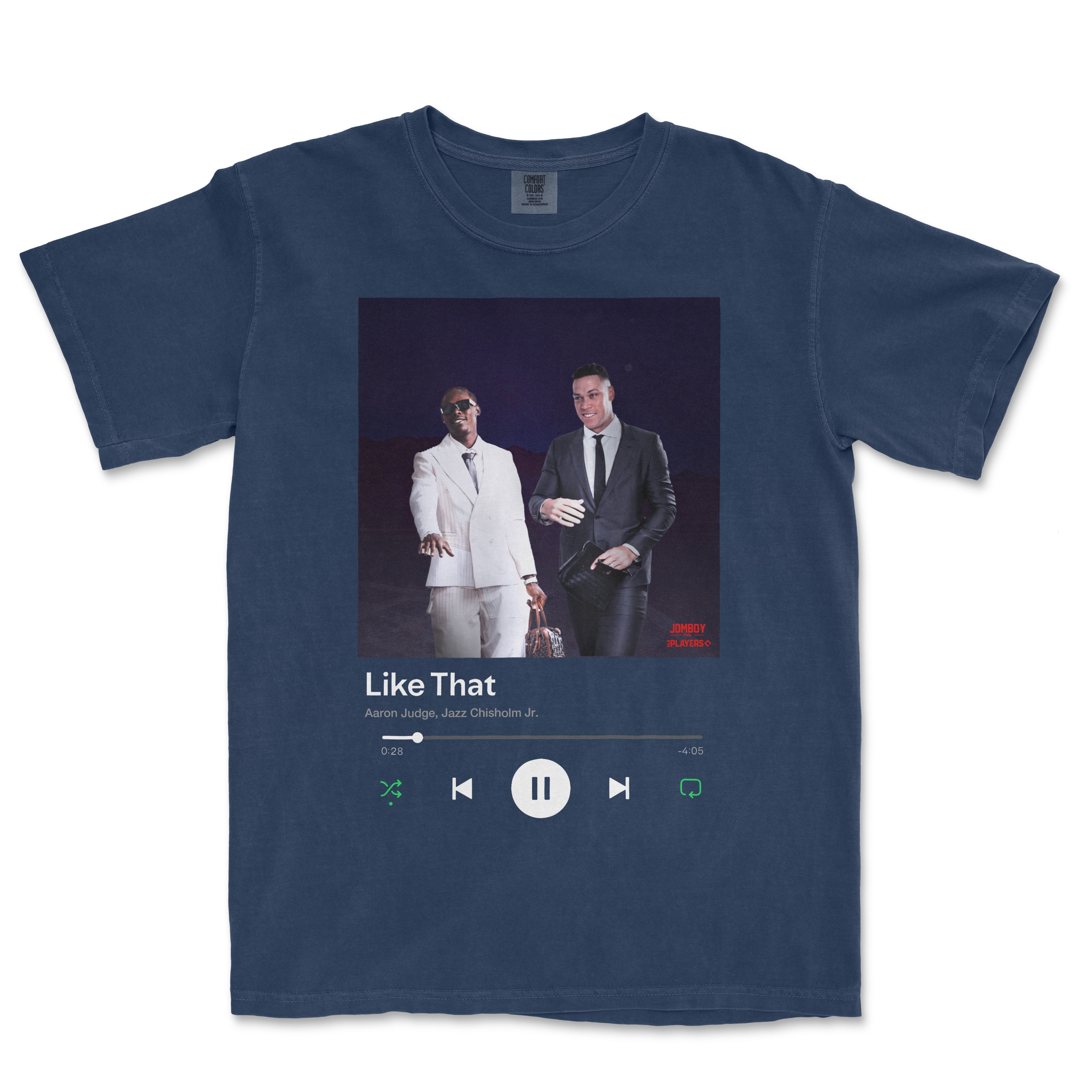 A blue T-shirt featuring a graphic of two men in suits, with a music player interface and the text "Like That" below.