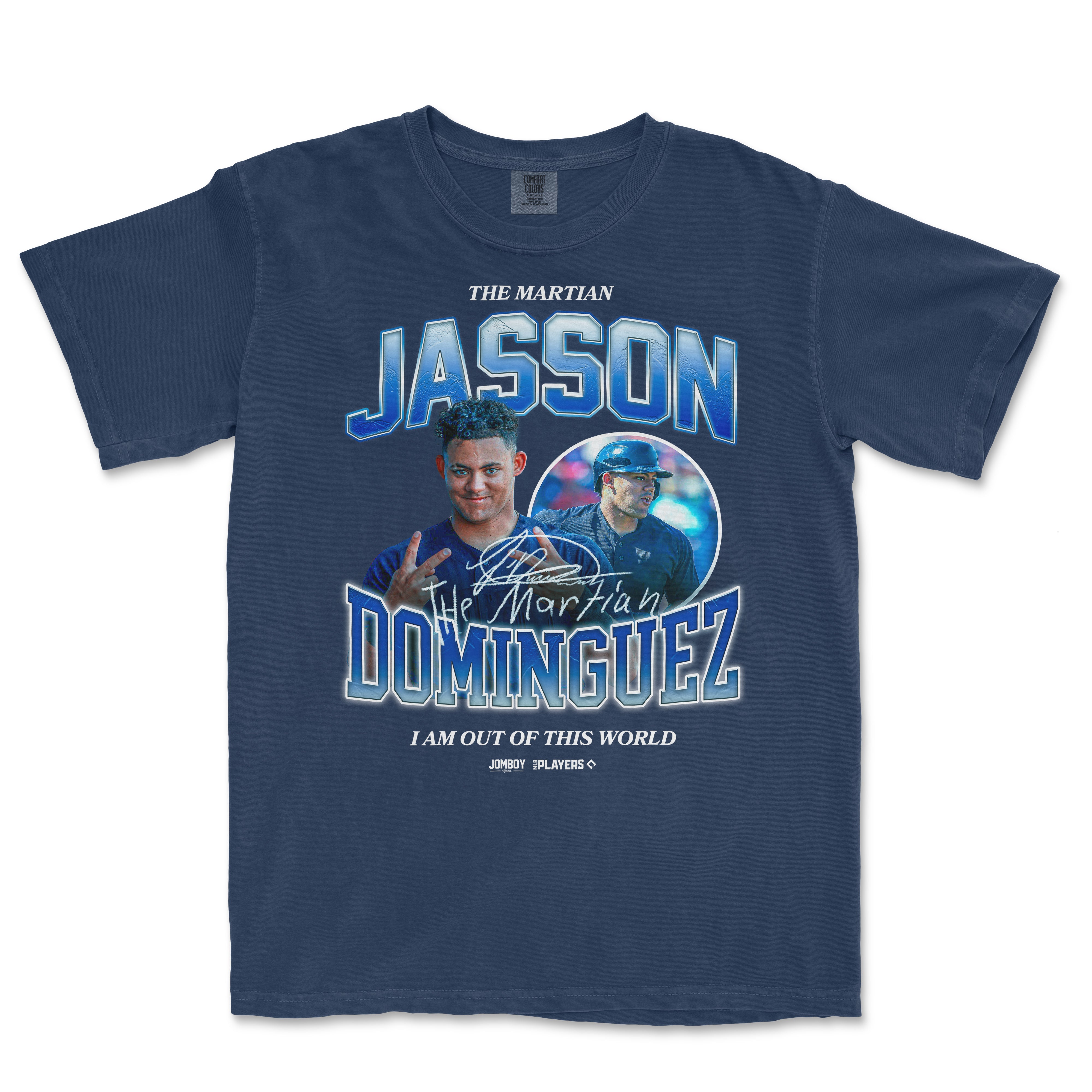 Blue Comfort Colors T-shirt featuring Jasson Dominguez's signature, images, and text celebrating his baseball career.