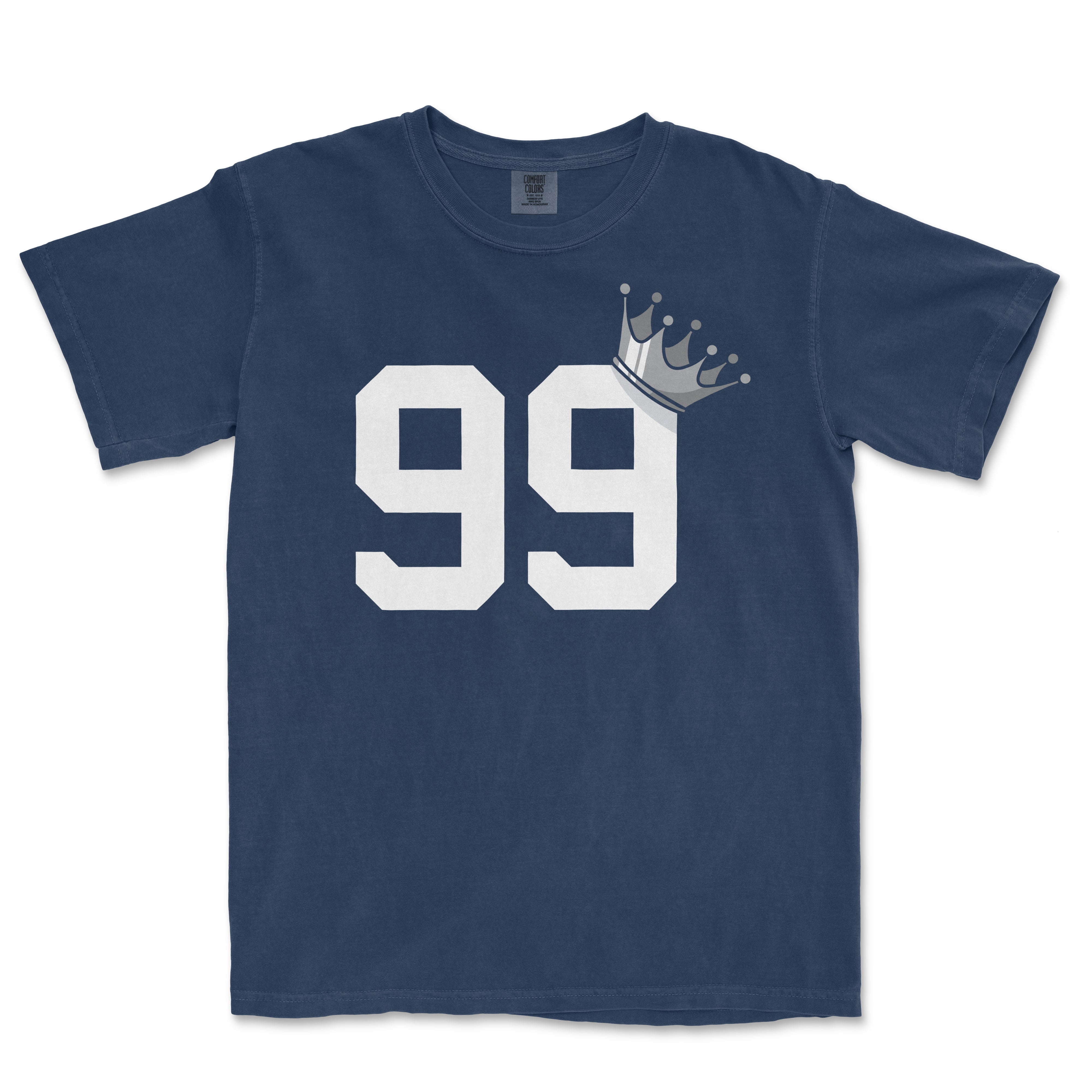 Navy Comfort Colors T-shirt featuring large white "99" numbers, a gray crown graphic above, and a relaxed fit.