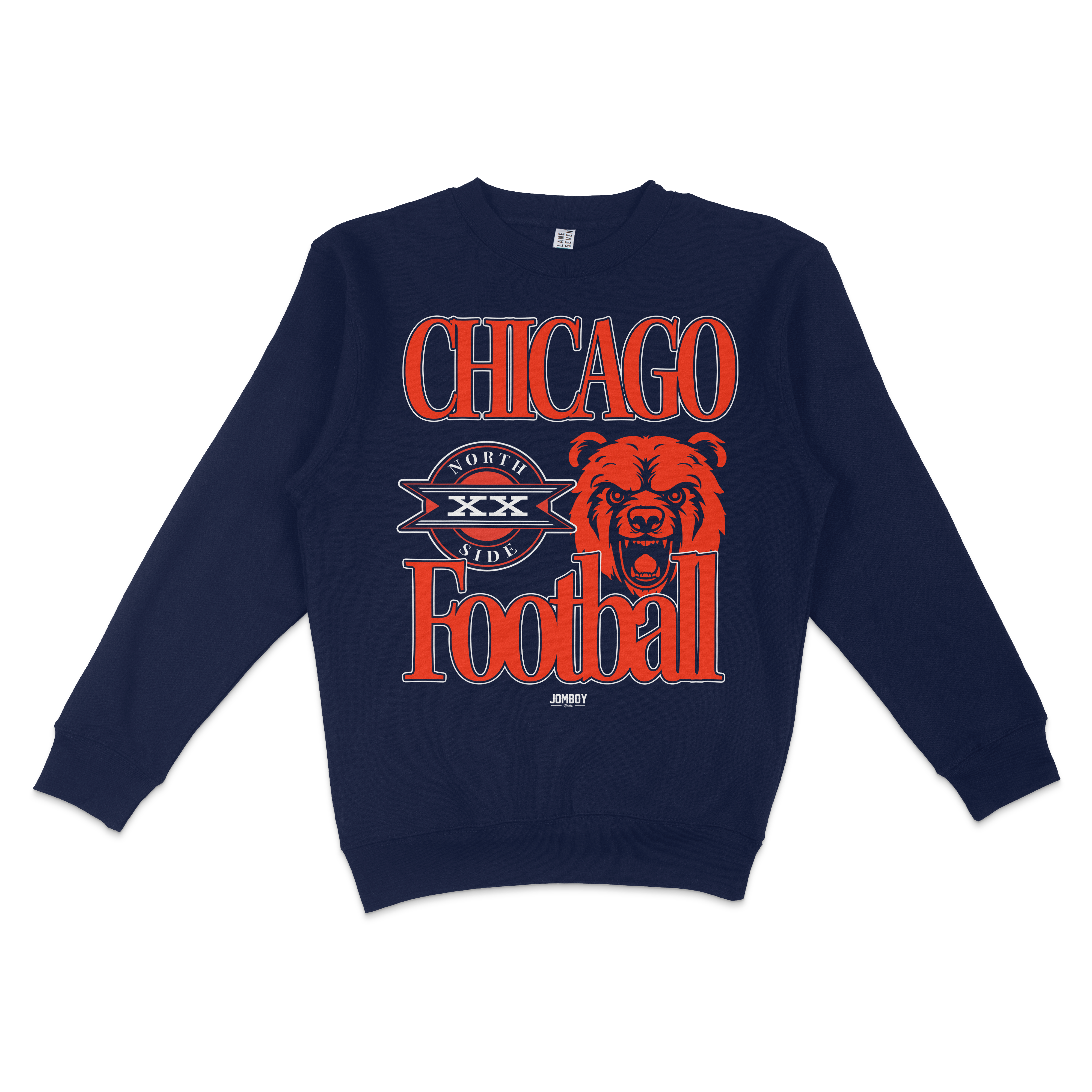 Navy blue crewneck sweatshirt featuring bold red "Chicago Football" text, a fierce bear graphic, and vintage-style design elements.