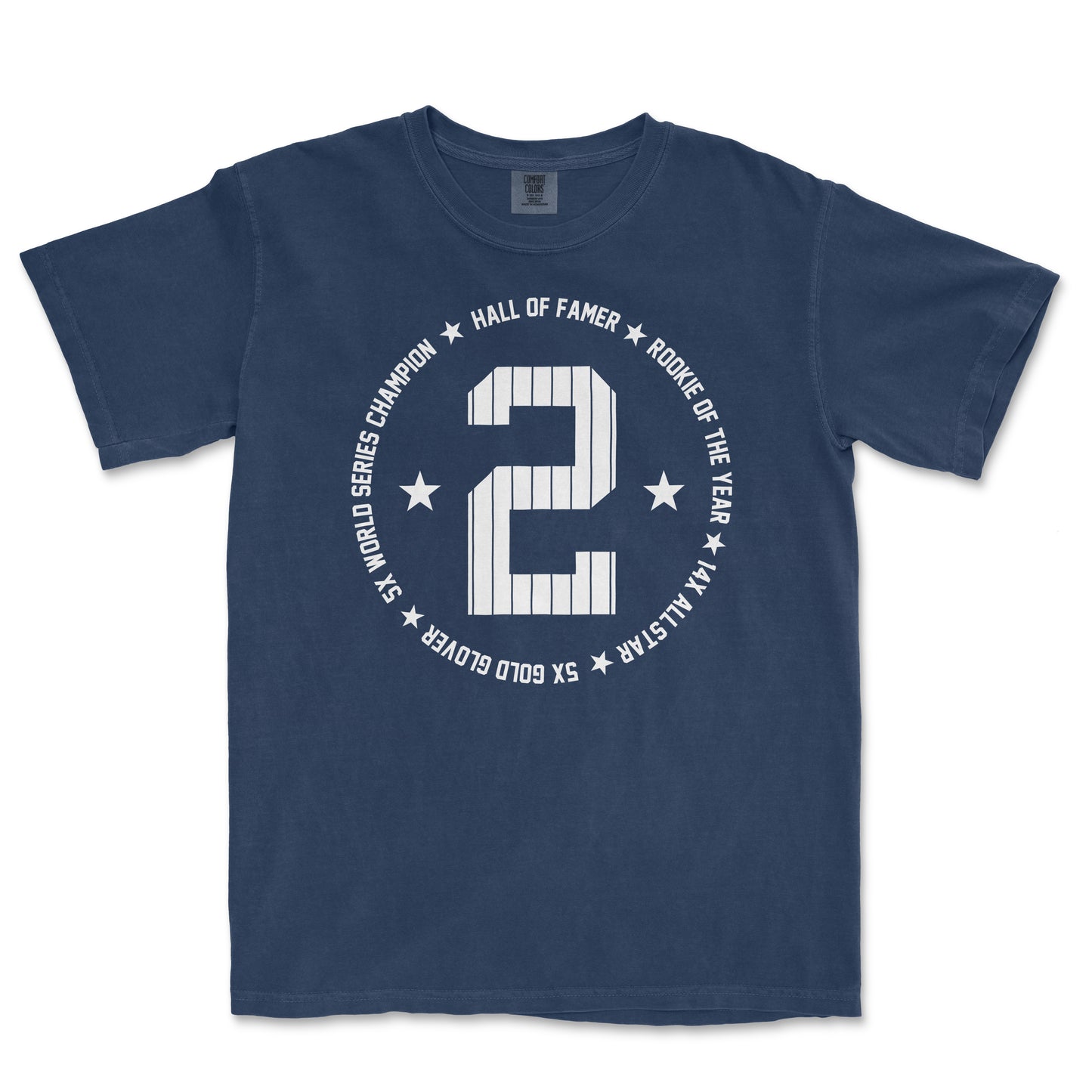Navy blue Comfort Colors t-shirt featuring a large white number '2' and text that includes 'Hall of Famer', 'Rookie of the Year', and 'World Series Champion' in a circular arrangement.