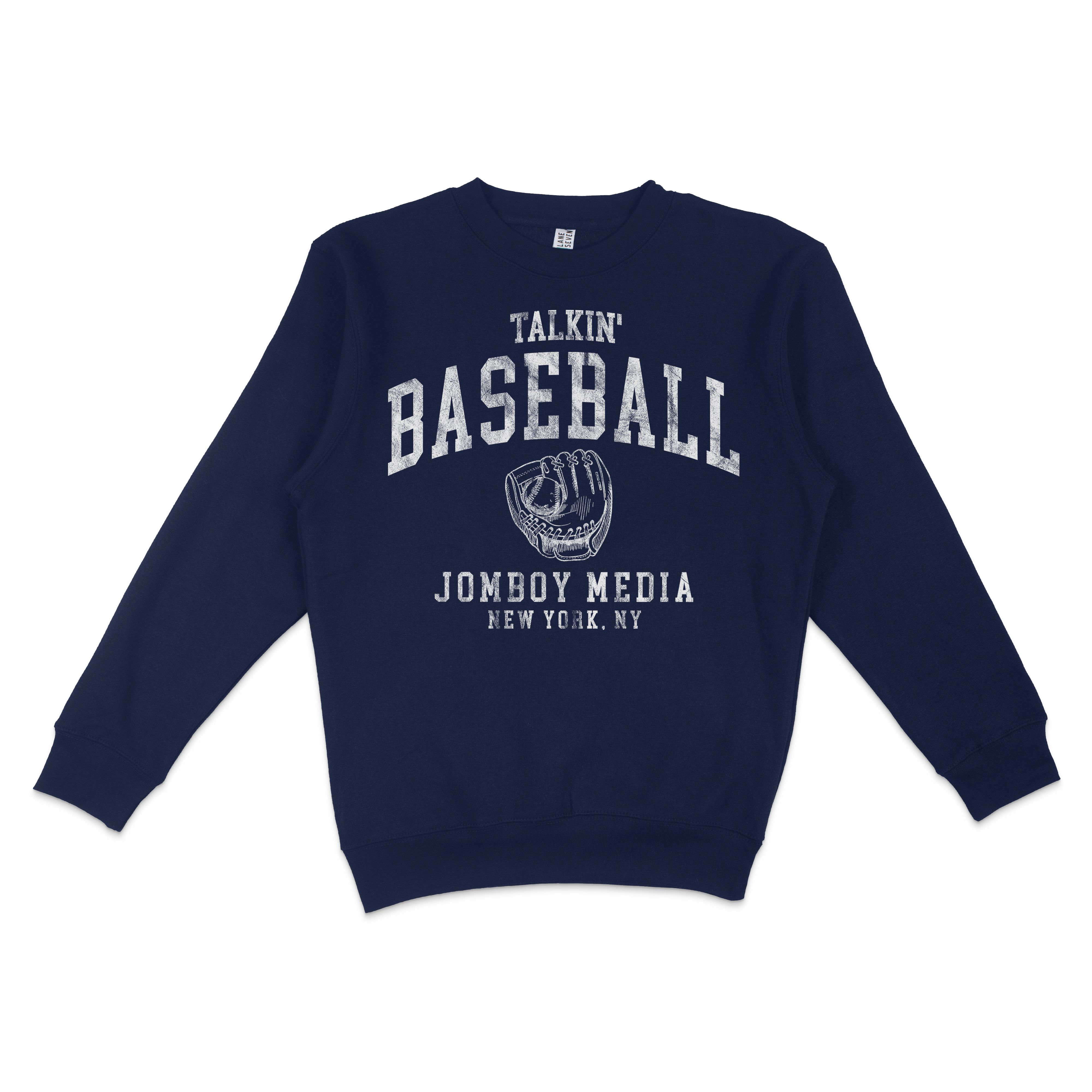 Navy blue crewneck sweatshirt featuring vintage-style white text and graphics that say "Talkin' Baseball," with a glove illustration and "Jomboy Media, New York, NY.