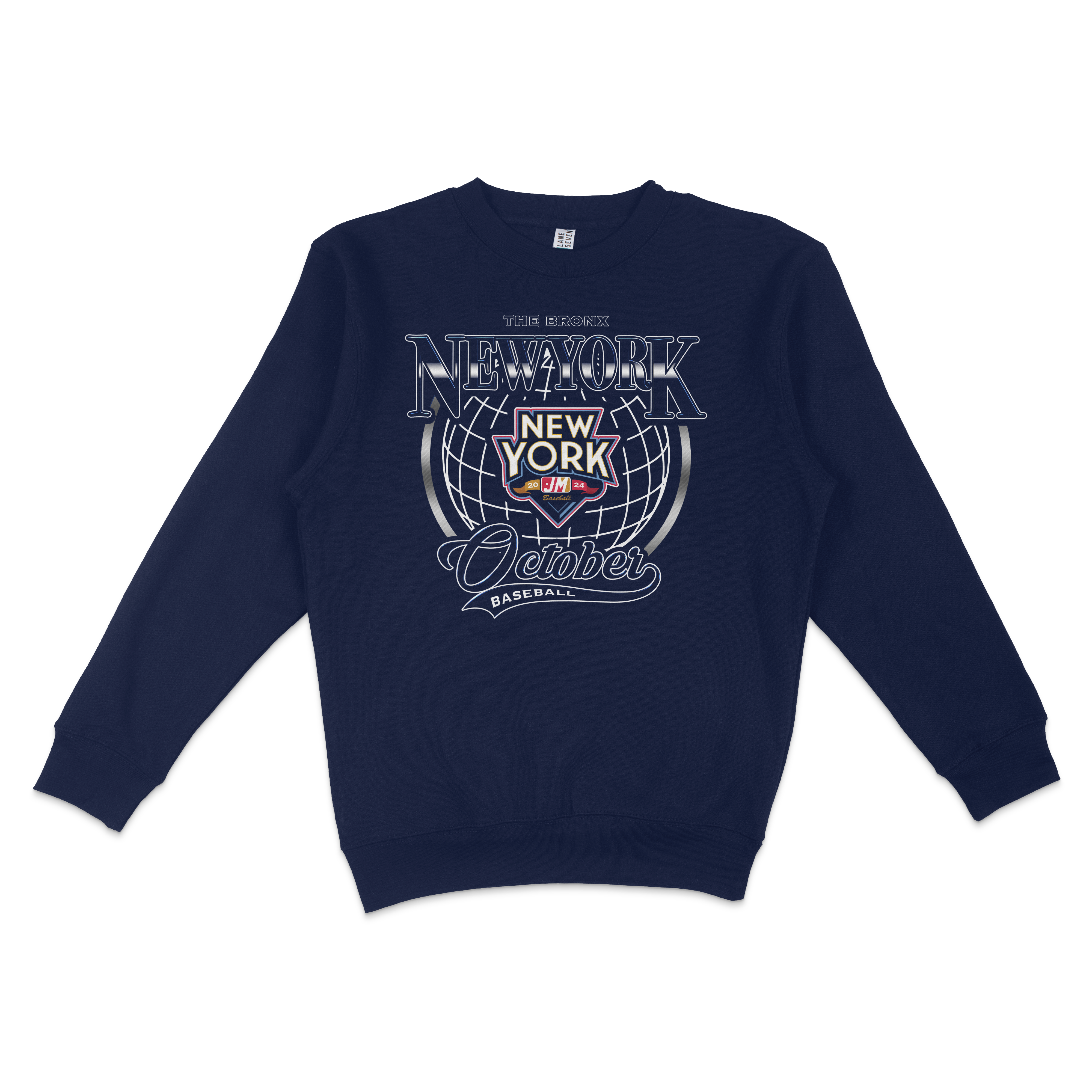 Navy crewneck sweatshirt featuring "October in the Bronx" and "New York" graphic with a globe and baseball design.