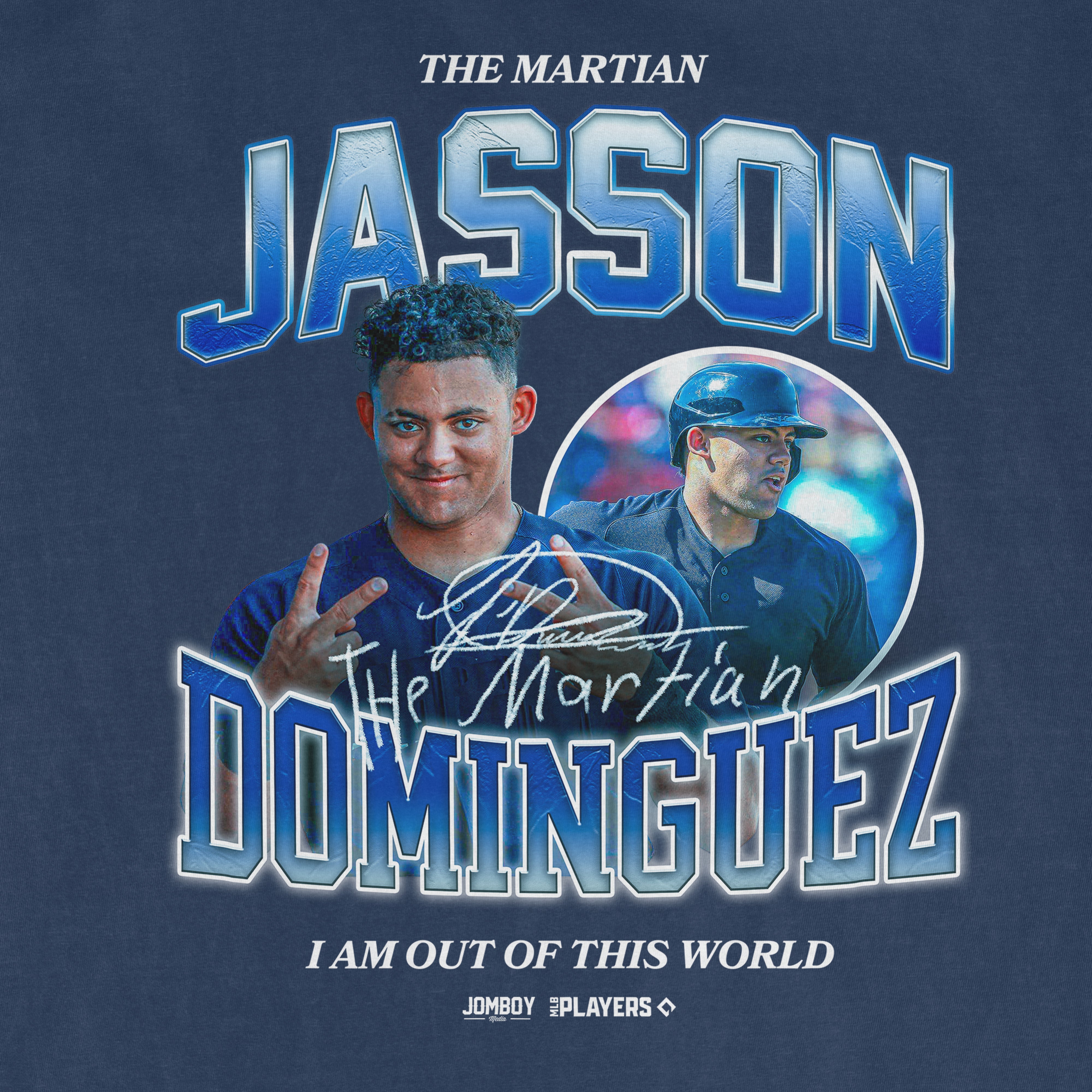 Comfort Colors tee featuring Jasson Dominguez's signature, images, and text celebrating his baseball career.