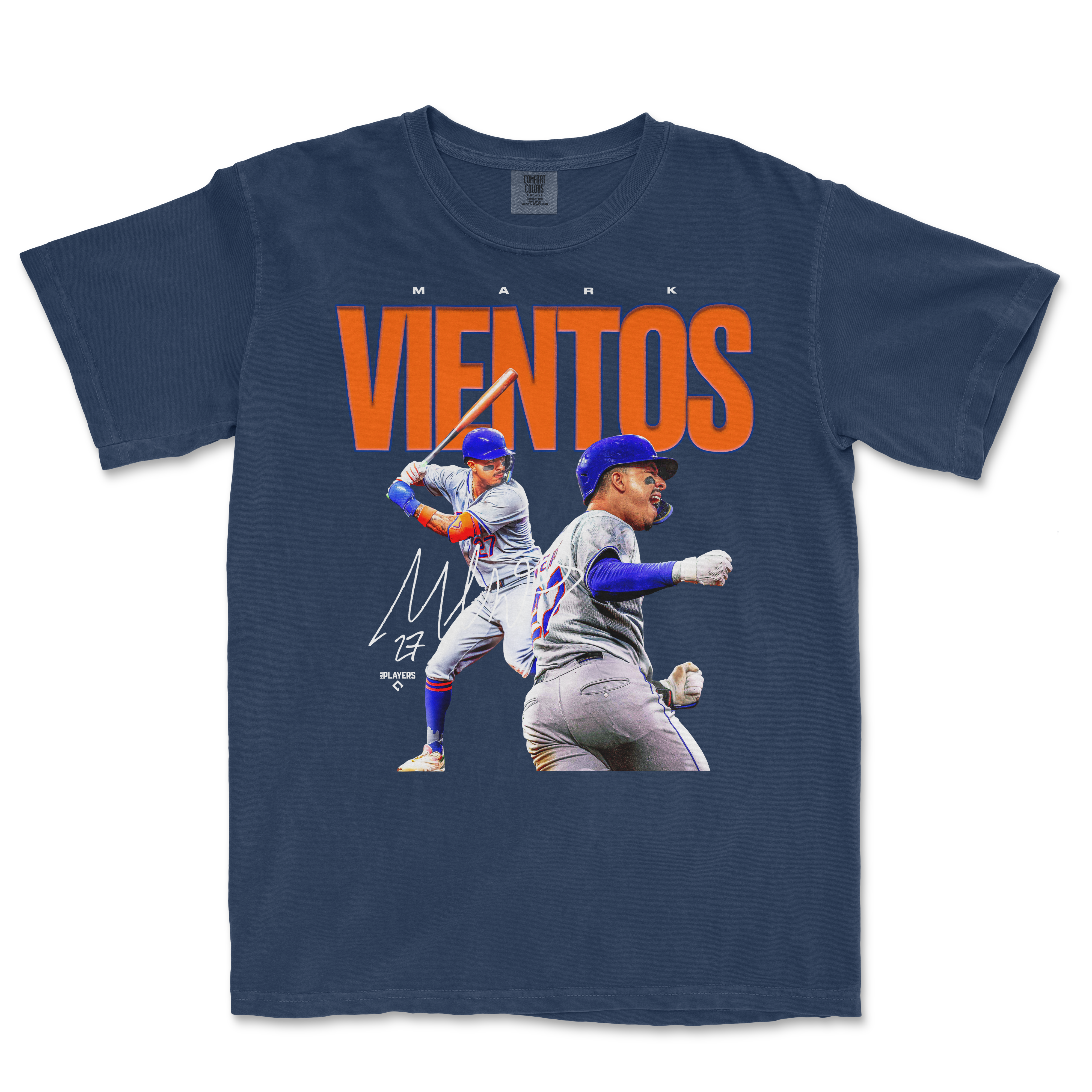 Comfort Colors tee featuring a graphic of Mark Vientos in a baseball uniform with "Vientos" in bold orange letters above.