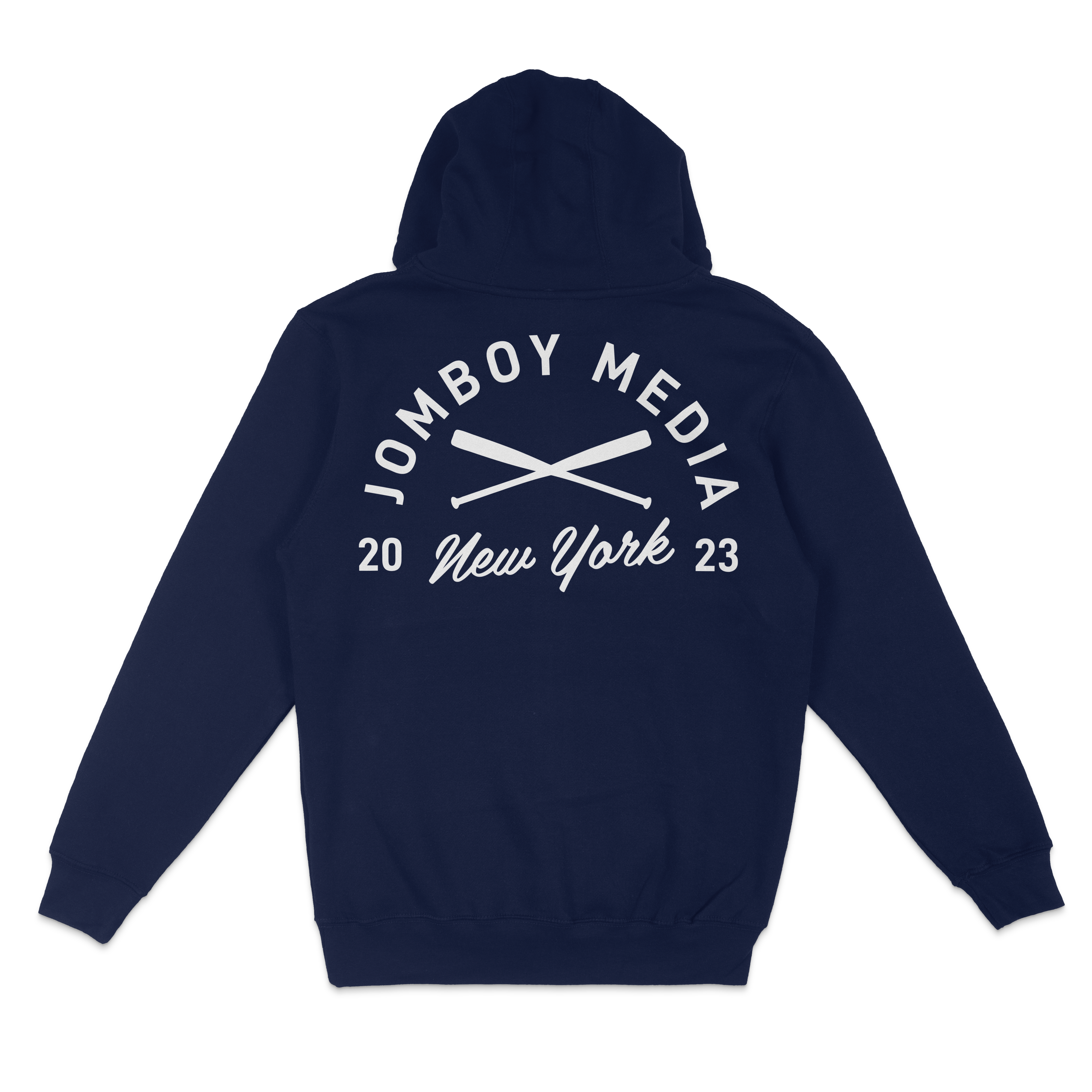 Navy blue pullover fleece hoodie featuring a white "Jombo Boy Media" logo with crossed paddles, "New York 2023" text on the back.