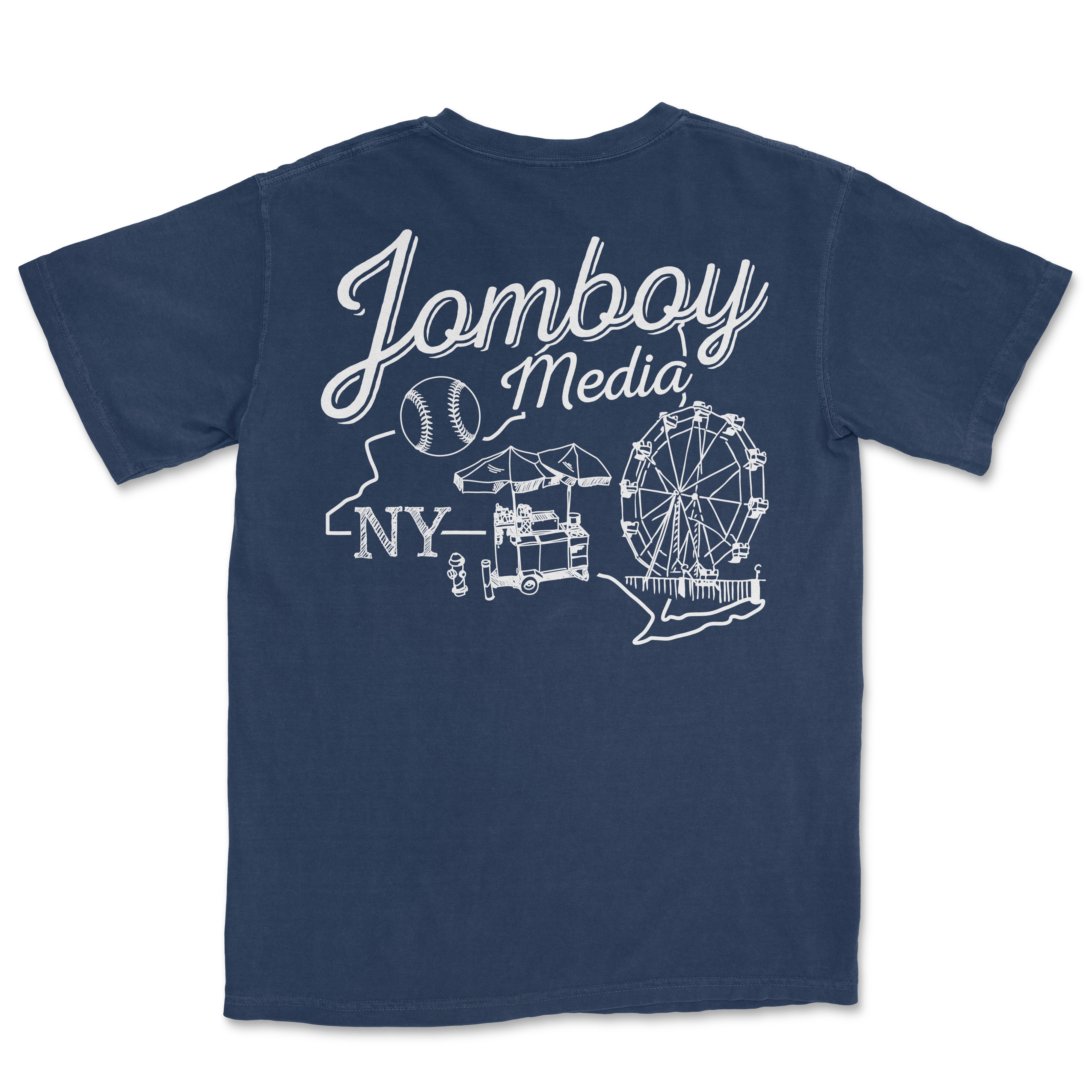 Back of navy T-shirt featuring white line art of a baseball, Ferris wheel, food cart, and the words "Jamboy Media NY" for The Coney Island Classic.